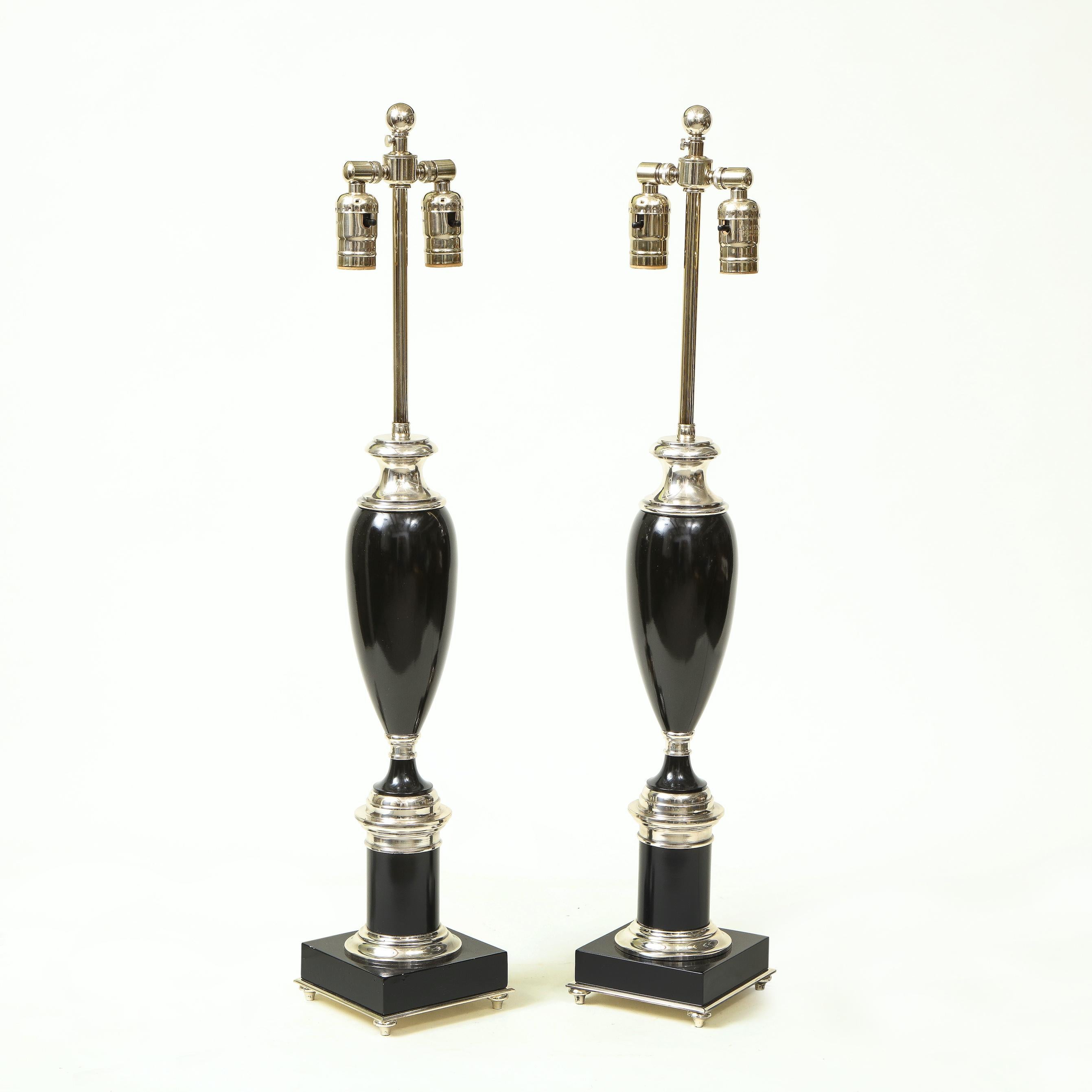 Unknown Pair of Art Deco Style Black and Chrome Urn Table Lamps