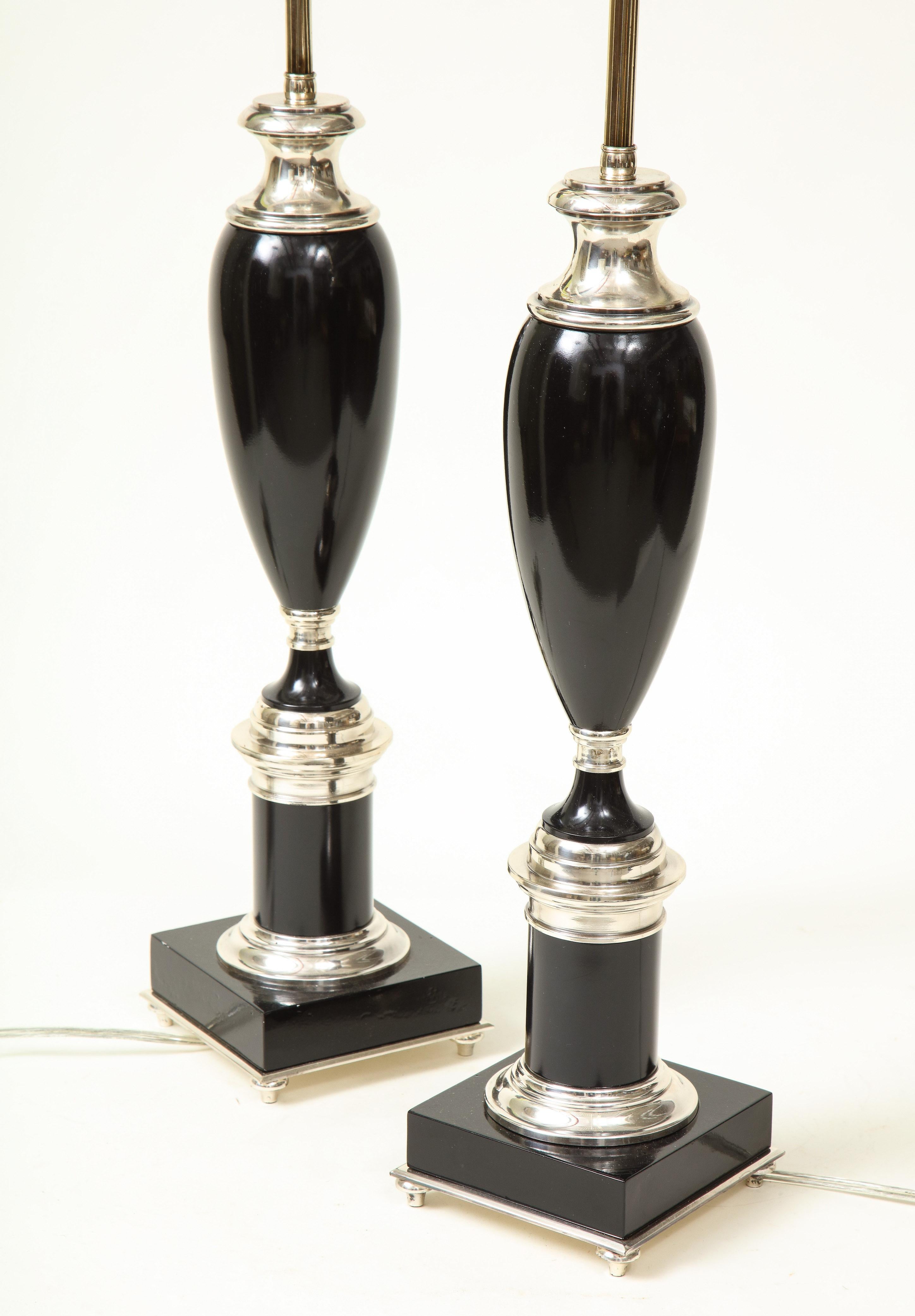 20th Century Pair of Art Deco Style Black and Chrome Urn Table Lamps