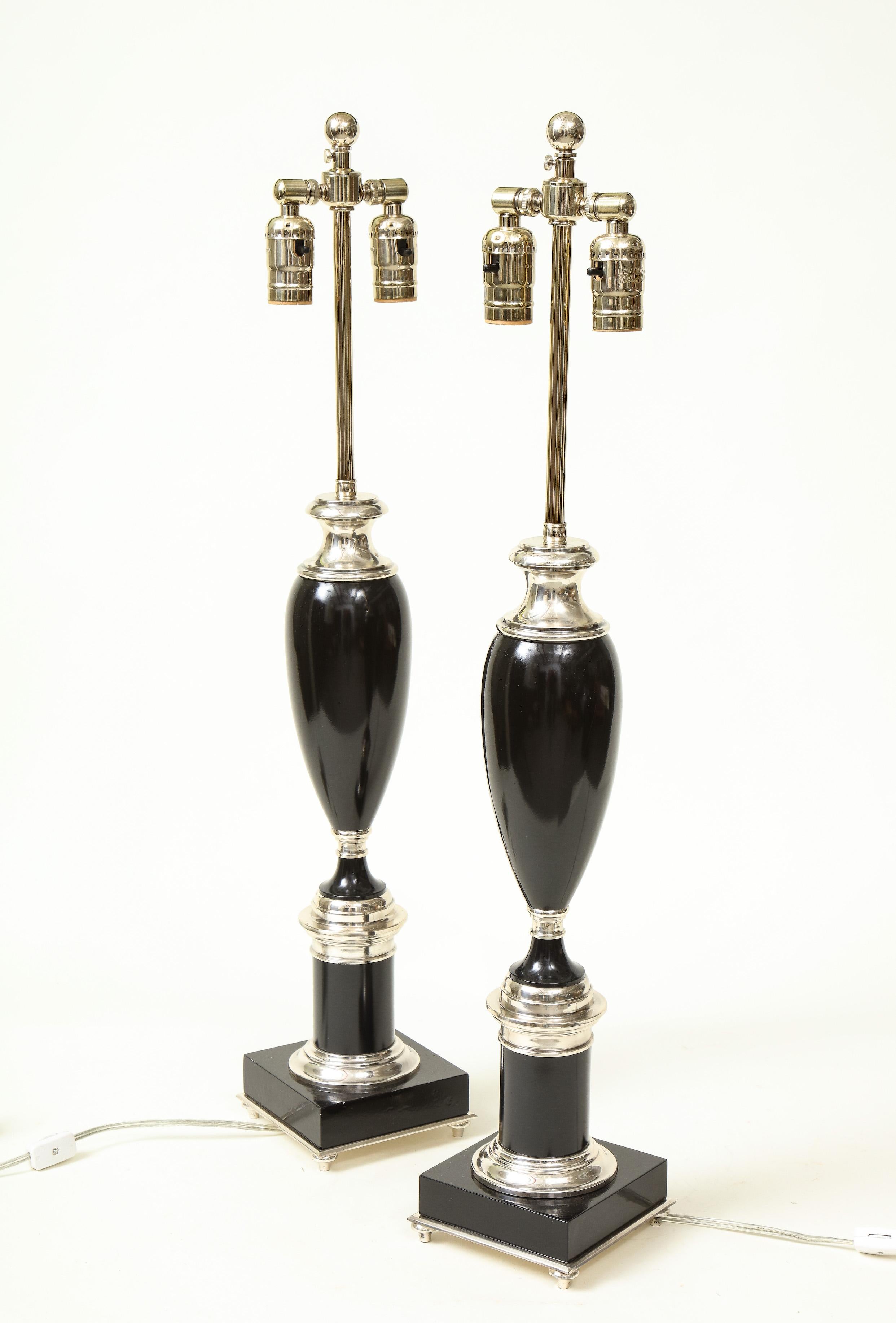 Pair of Art Deco Style Black and Chrome Urn Table Lamps 1