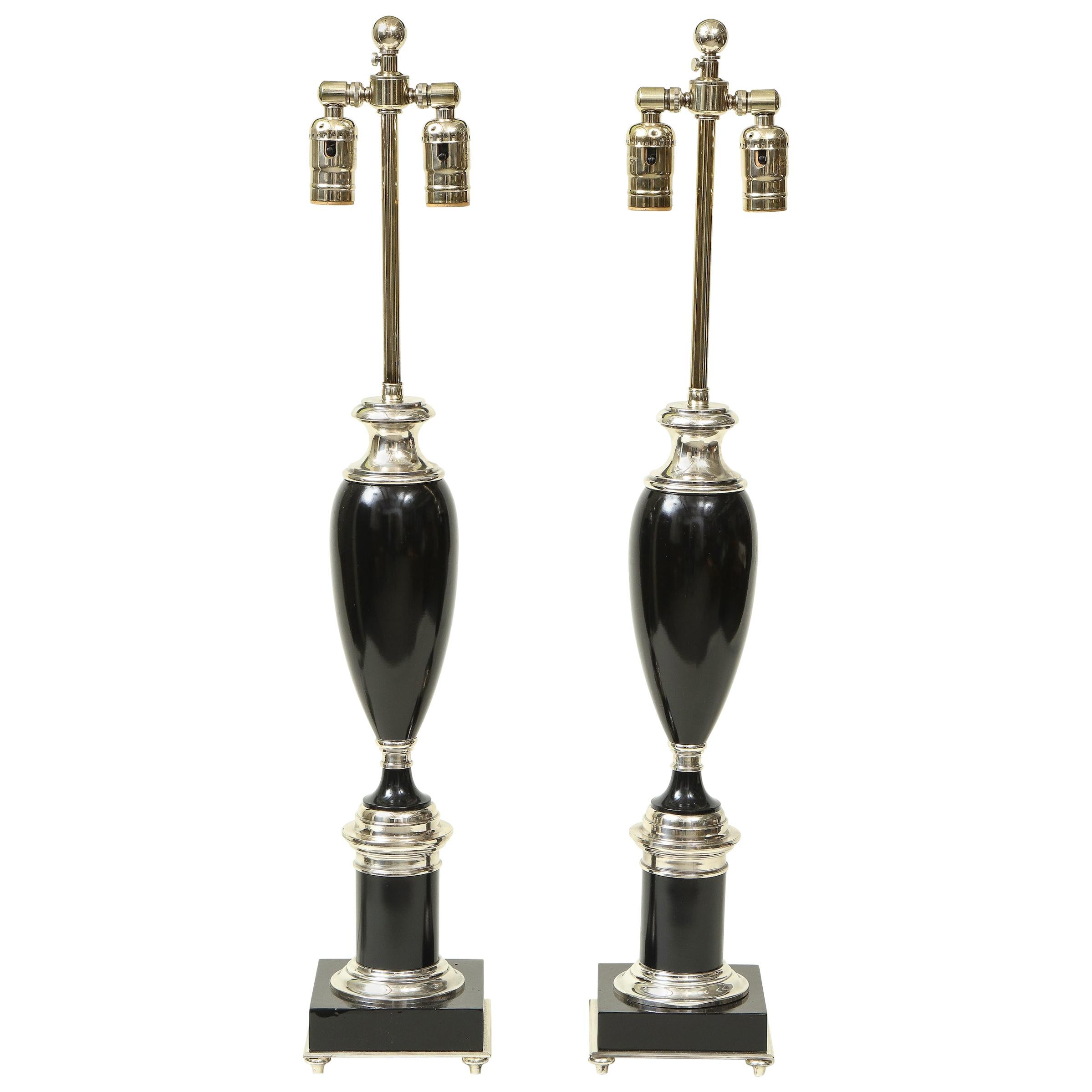 Pair of Art Deco Style Black and Chrome Urn Table Lamps
