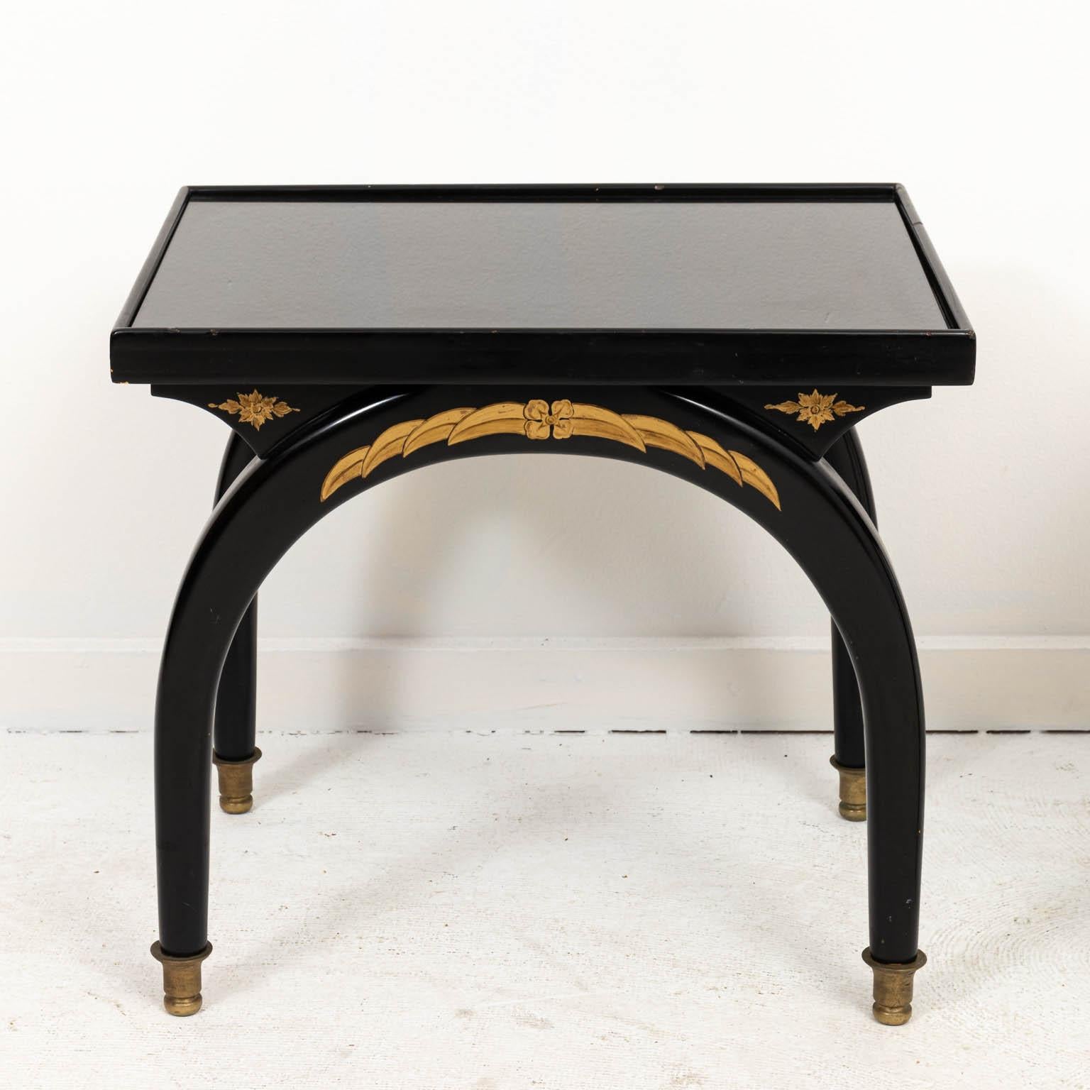 Italian Pair of Art Deco Style Black Rectangular Side Tables with Glass Top