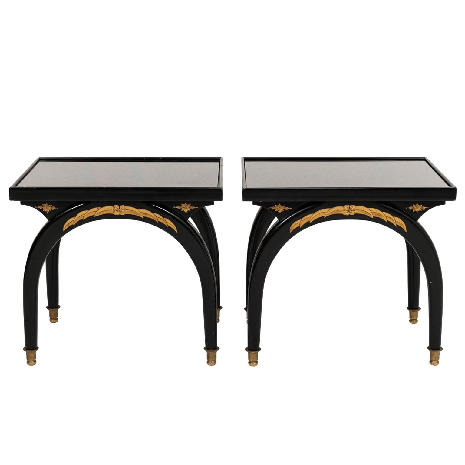 Pair of Art Deco Style Black Rectangular Side Tables with Glass Top