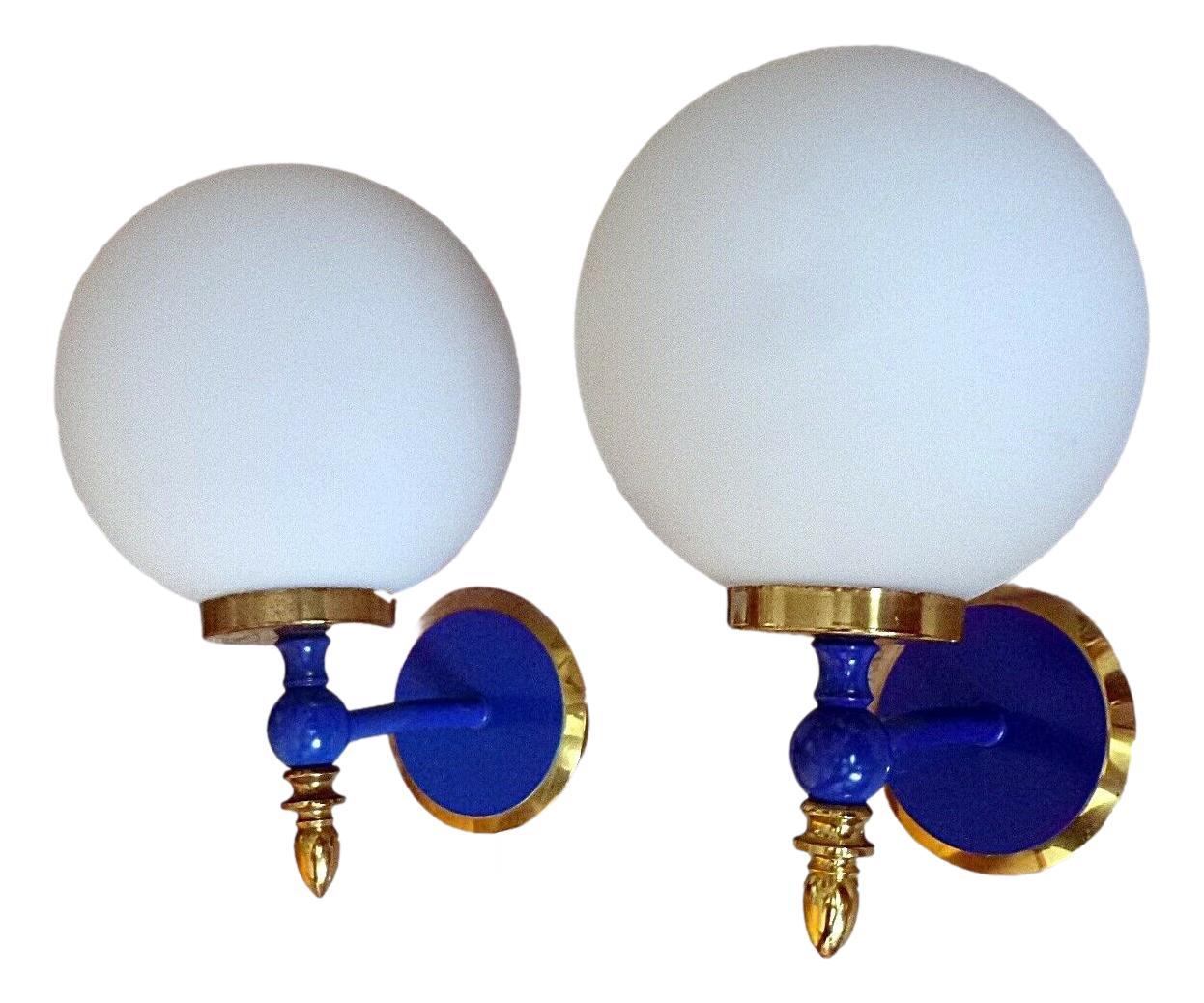 Pair of Art Deco Style Blue Lacquered Brass and Milk Glass Sconces, Germany In Good Condition In Nuernberg, DE