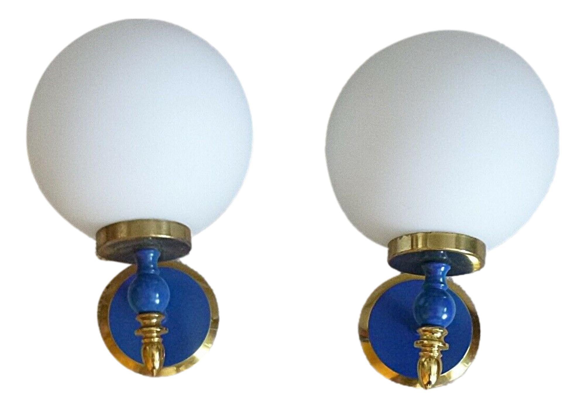 Mid-20th Century Pair of Art Deco Style Blue Lacquered Brass and Milk Glass Sconces, Germany