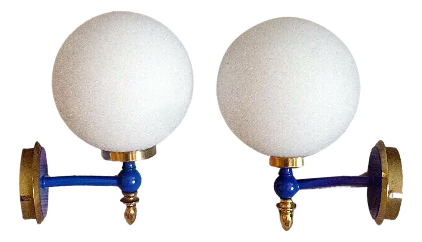 Metal Pair of Art Deco Style Blue Lacquered Brass and Milk Glass Sconces, Germany