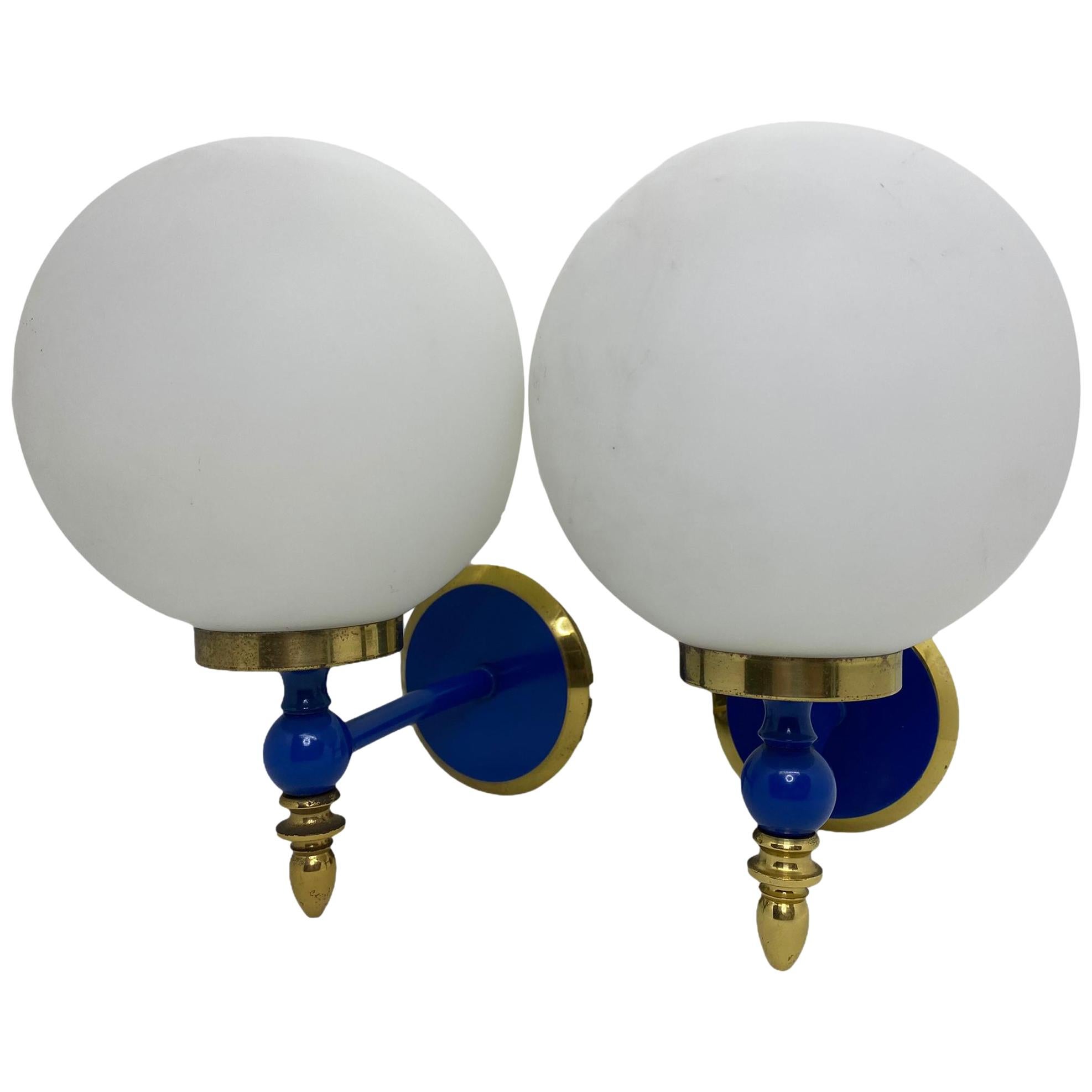 Pair of Art Deco Style Blue Lacquered Brass and Milk Glass Sconces, Germany