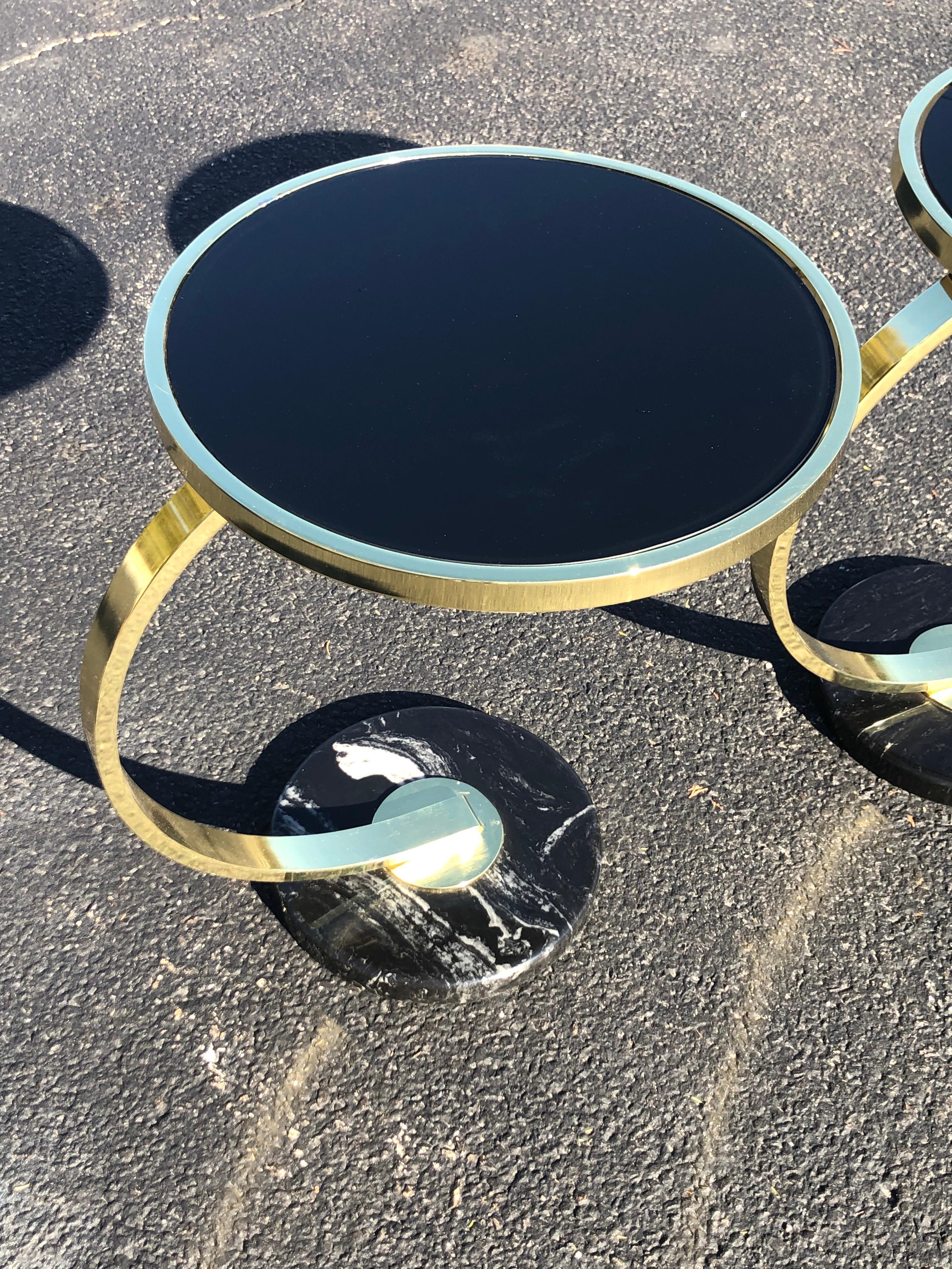 Pair of Art Deco Style Brass and Black Glass End Tables 13