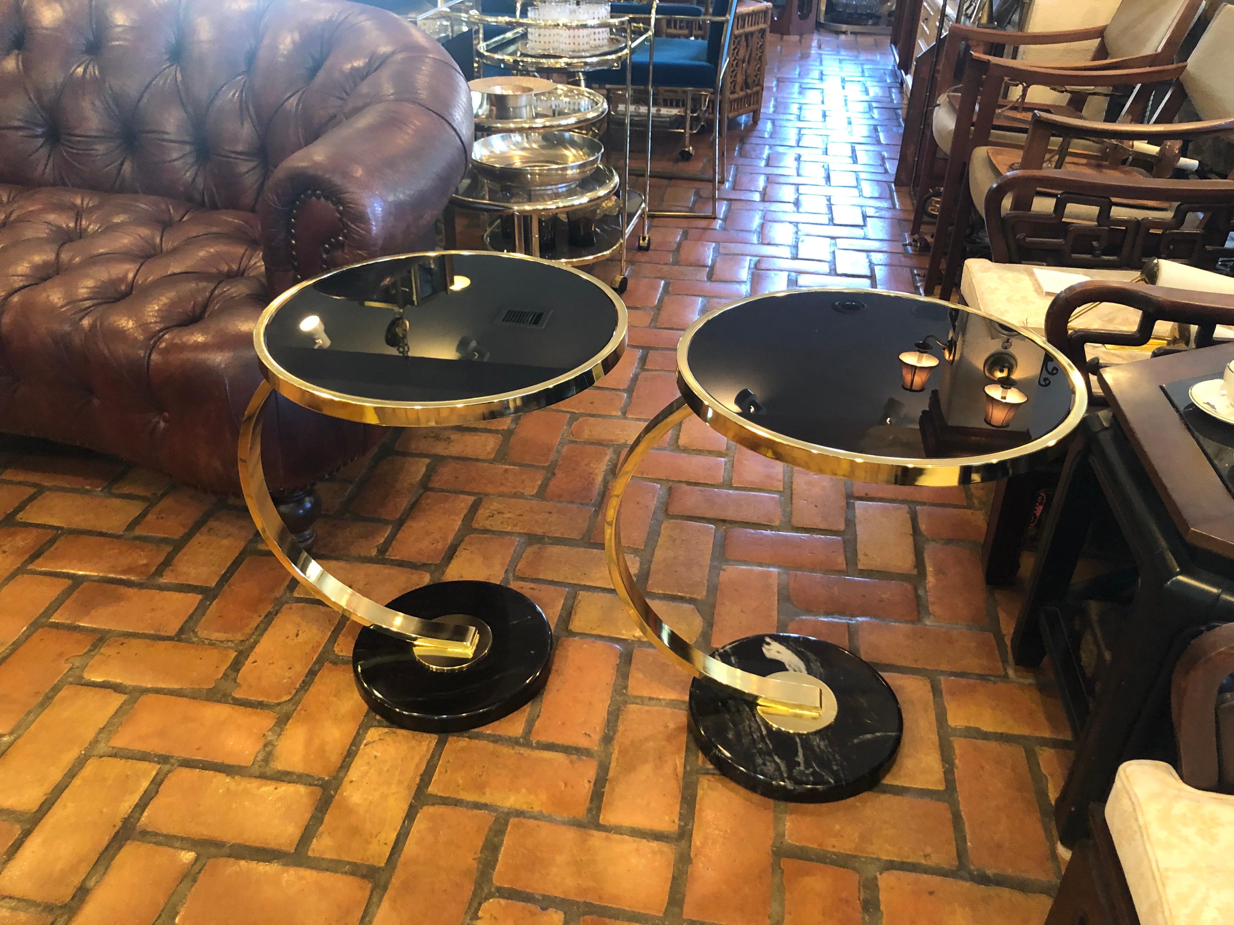 Pair of Art Deco Style Brass and Black Glass End Tables In Good Condition In Redding, CT