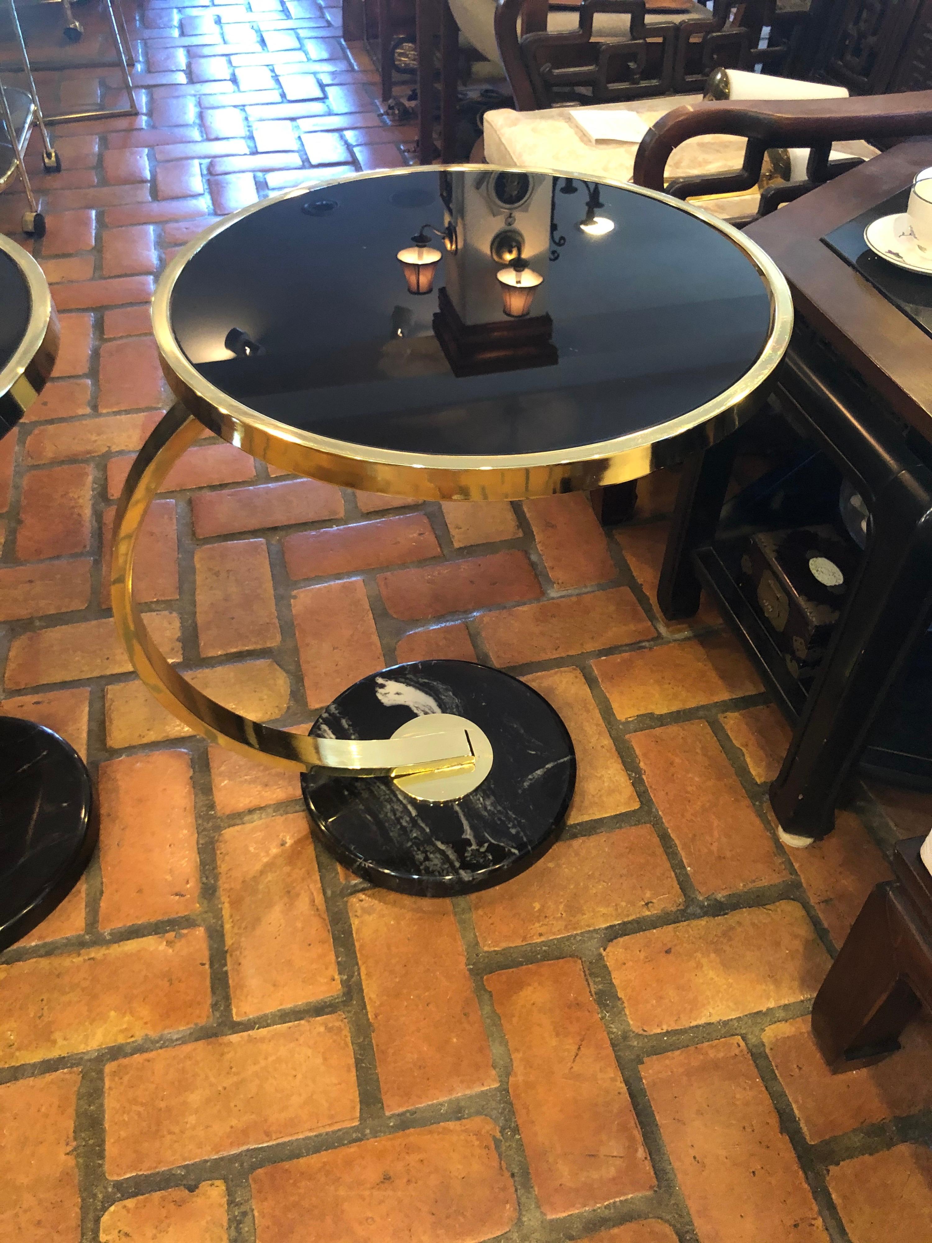 Late 20th Century Pair of Art Deco Style Brass and Black Glass End Tables