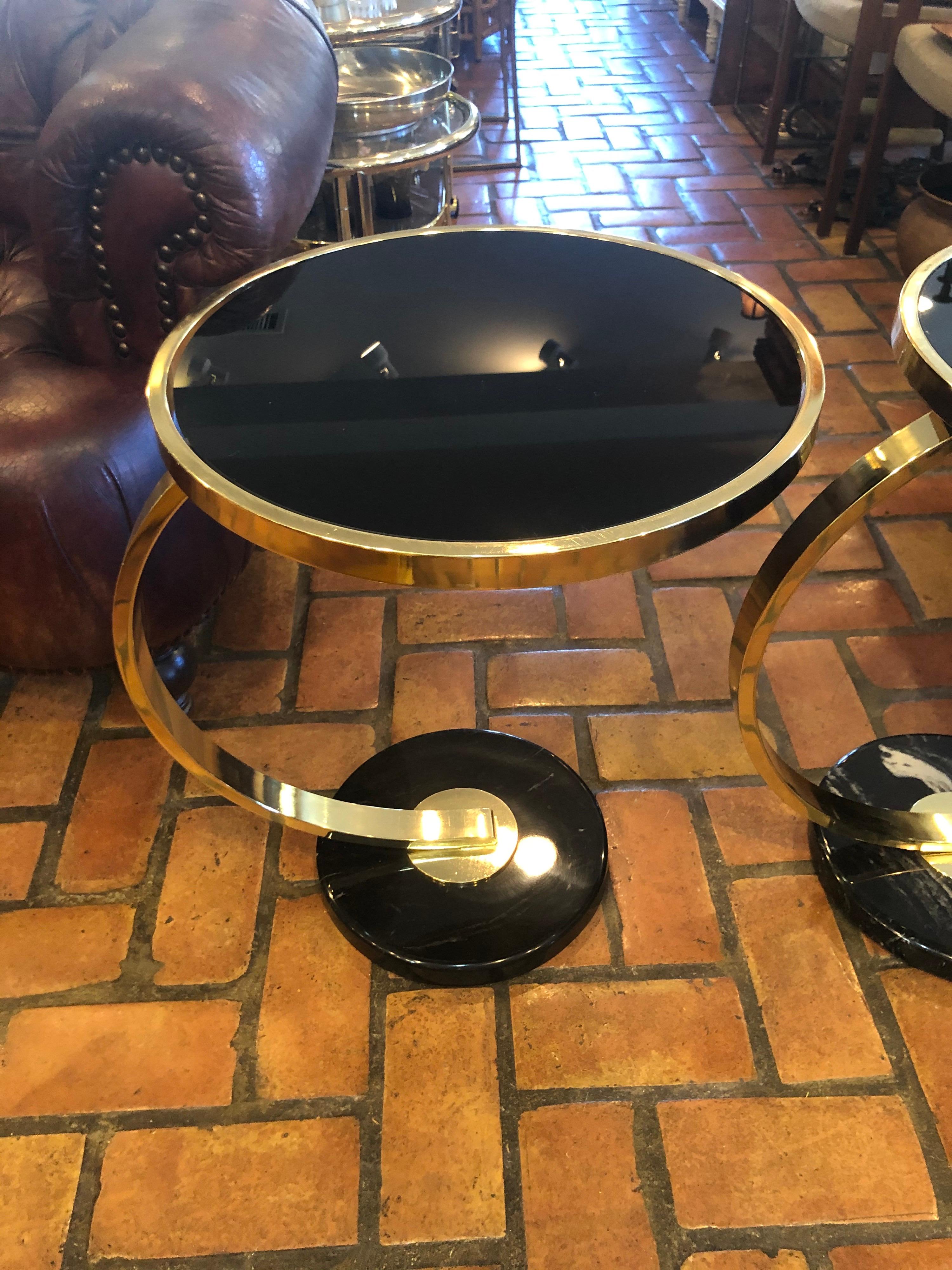 Pair of Art Deco Style Brass and Black Glass End Tables 3