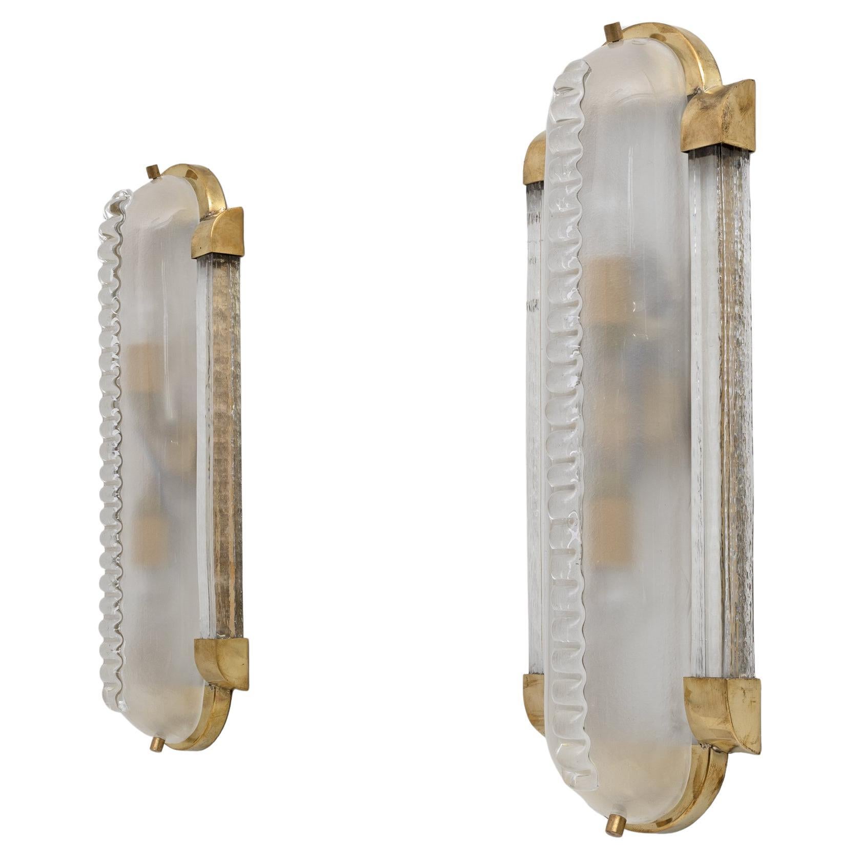 Pair of Art Dèco Style Brass and Frosted Murano Glass Sconces For Sale