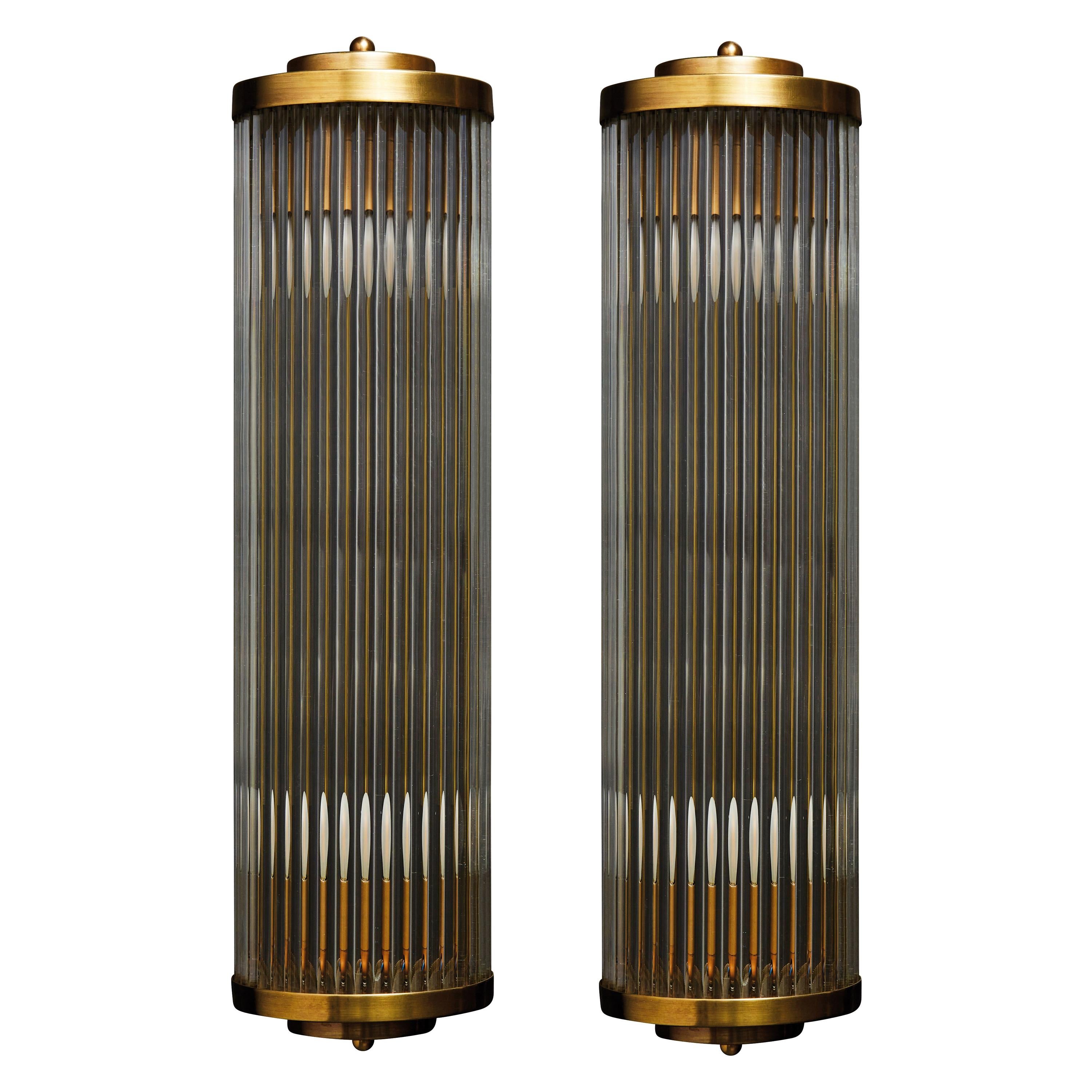 Pair of Art Deco Style Brass and Glass Wall Sconces For Sale