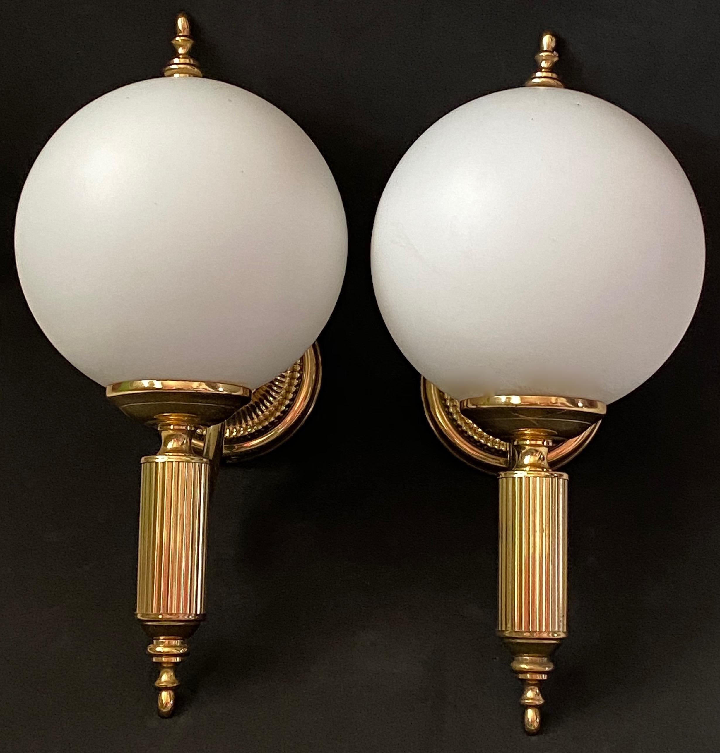 Pair of Art Deco Style Brass and Milk Glass Sconces Sölken Leuchten, Germany In Good Condition In Nuernberg, DE