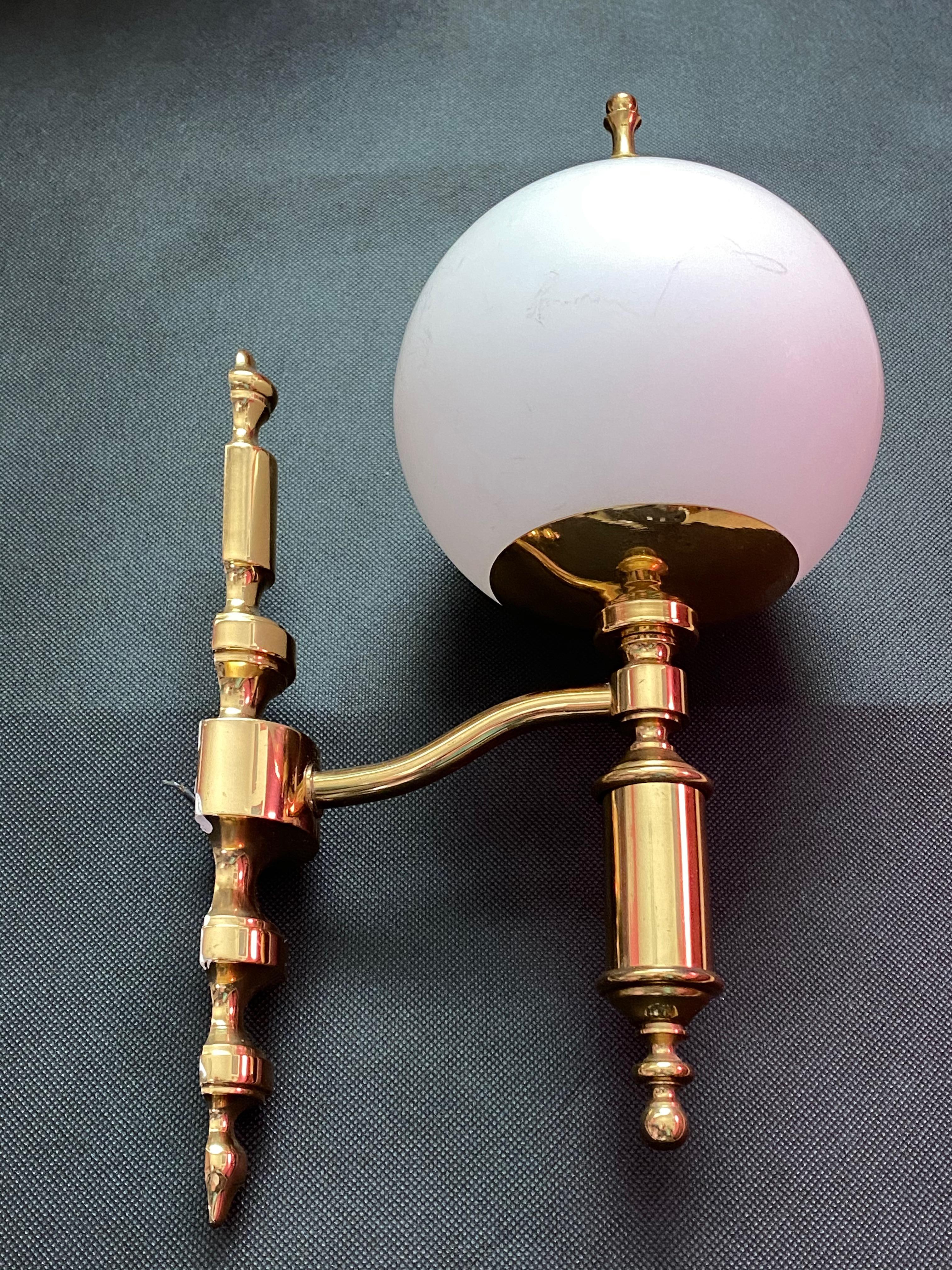 Metal Pair of Art Deco Style Brass and Milk Glass Sconces Sölken Leuchten, Germany