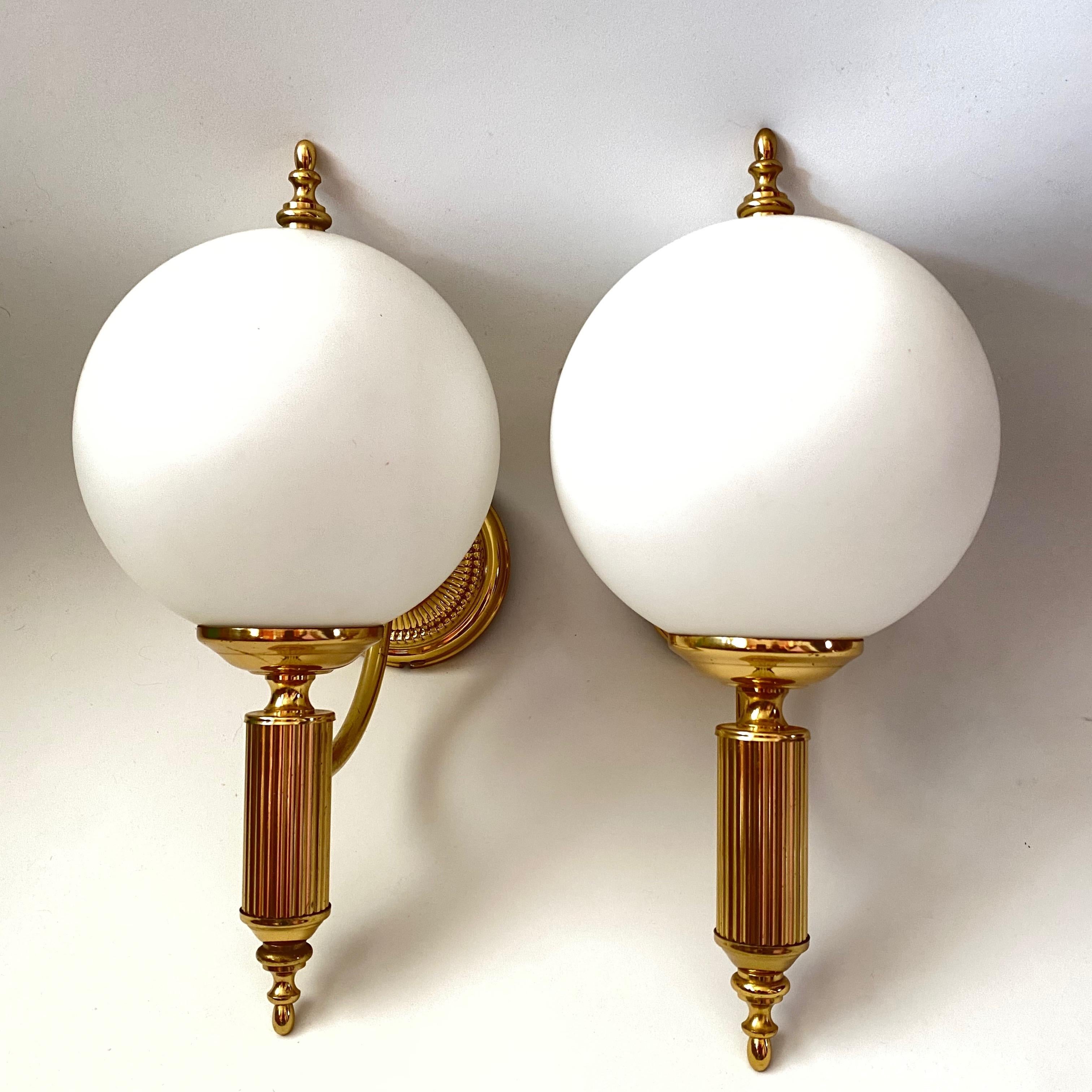 Pair of Art Deco Style Brass and Milk Glass Sconces Sölken Leuchten, Germany 1