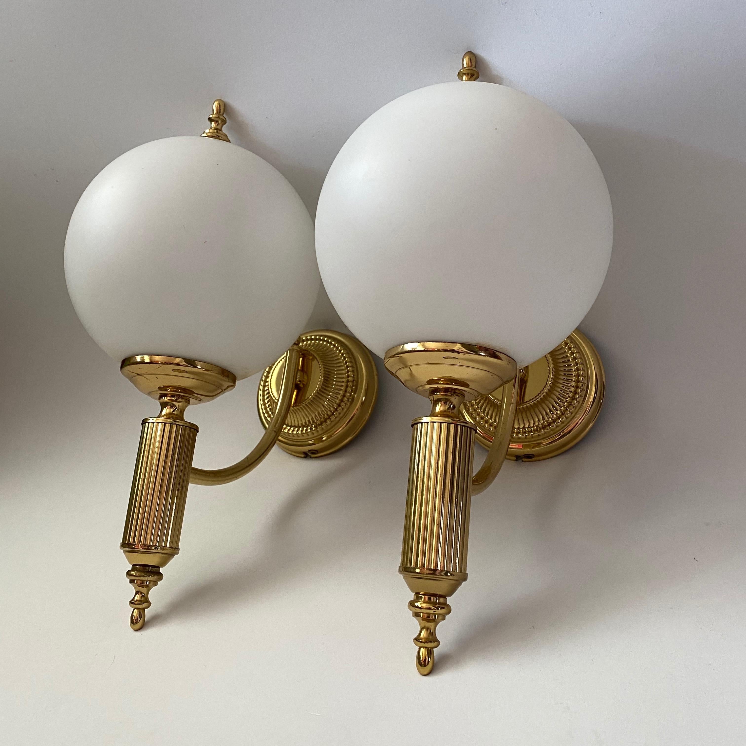 Pair of Art Deco Style Brass and Milk Glass Sconces Sölken Leuchten, Germany 2