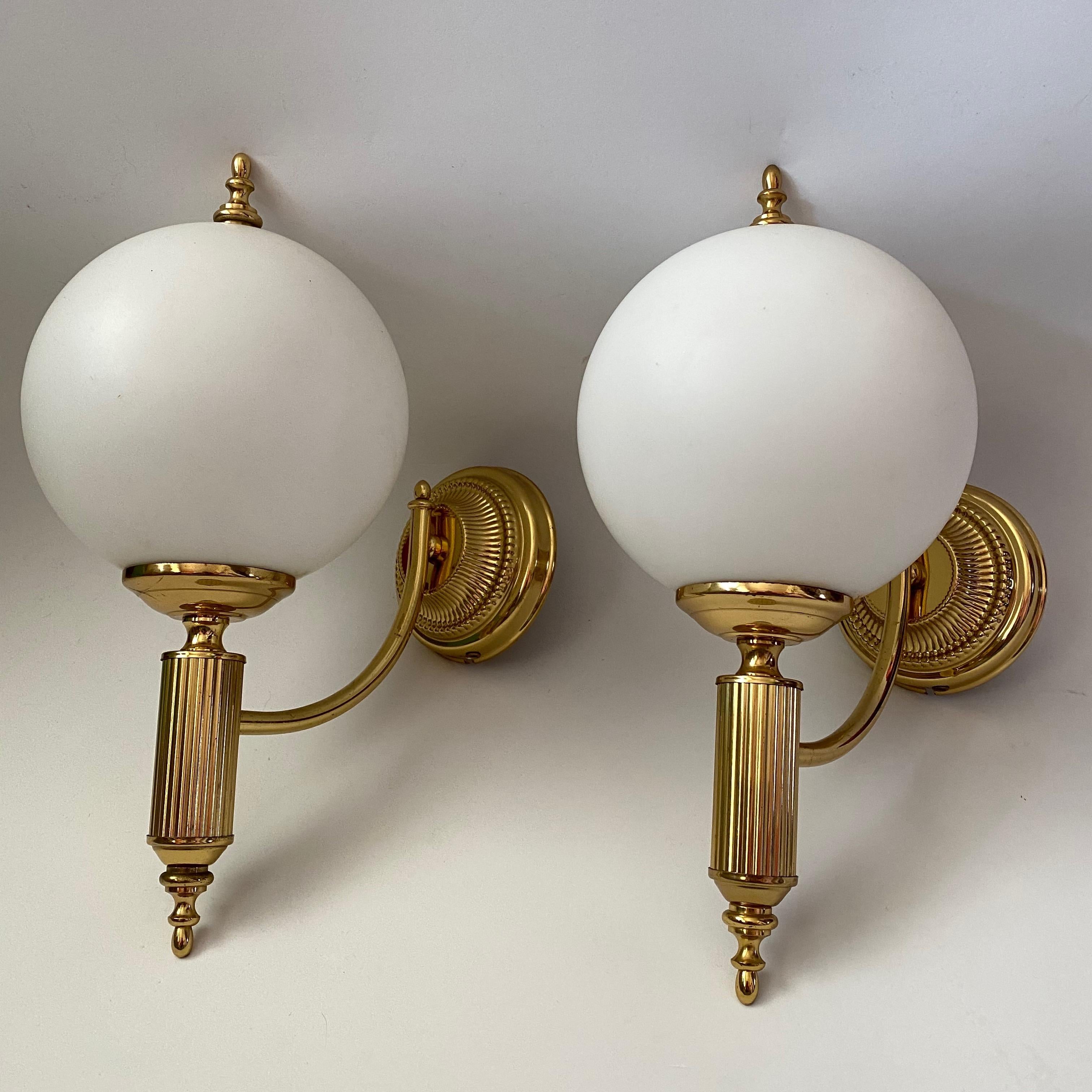 Pair of Art Deco Style Brass and Milk Glass Sconces Sölken Leuchten, Germany 3