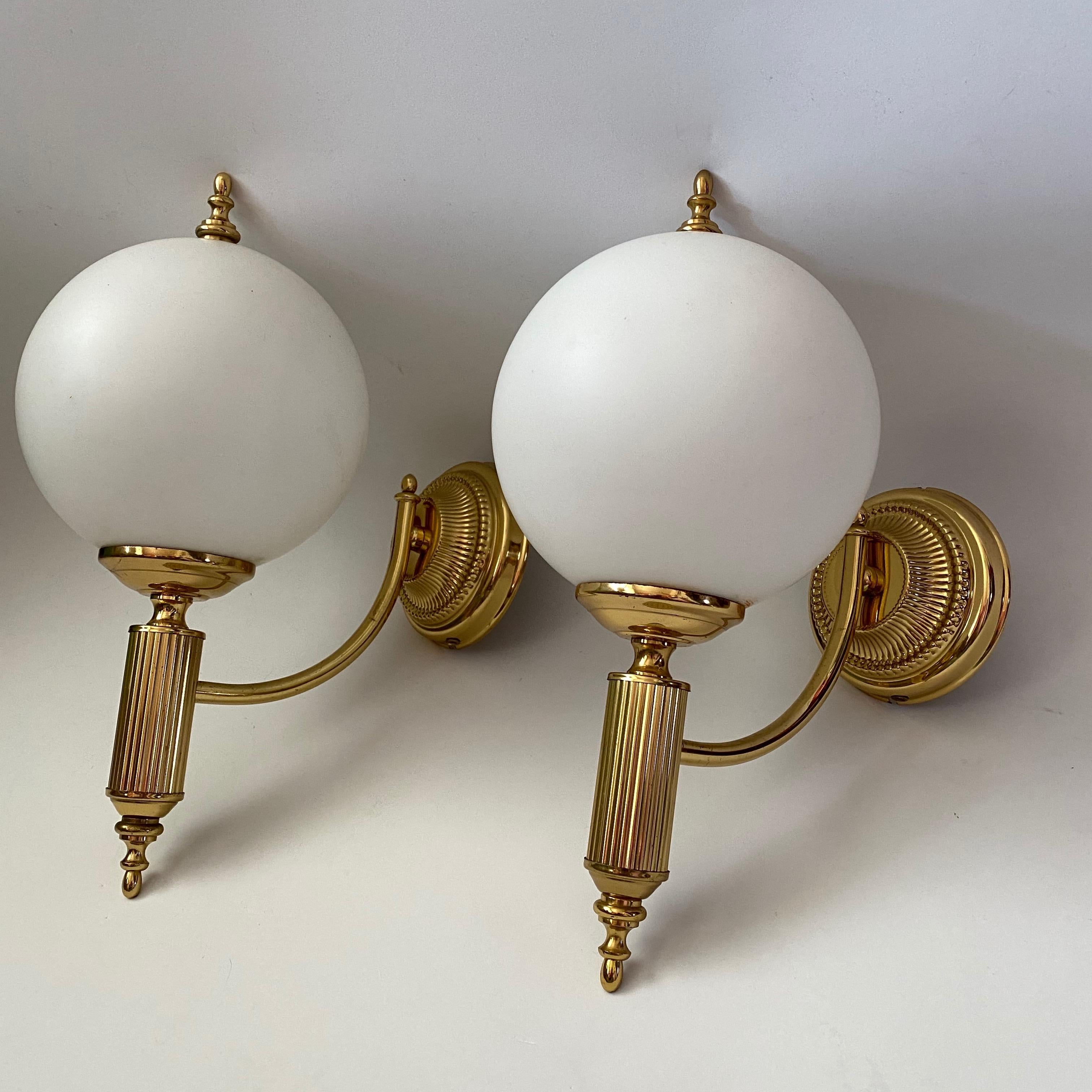 Pair of Art Deco Style Brass and Milk Glass Sconces Sölken Leuchten, Germany 4