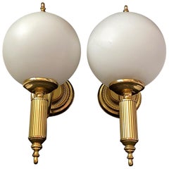 Pair of Art Deco Style Brass and Milk Glass Sconces Sölken Leuchten, Germany