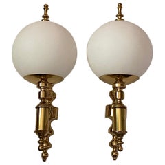 Pair of Art Deco Style Brass and Milk Glass Sconces Sölken Leuchten, Germany