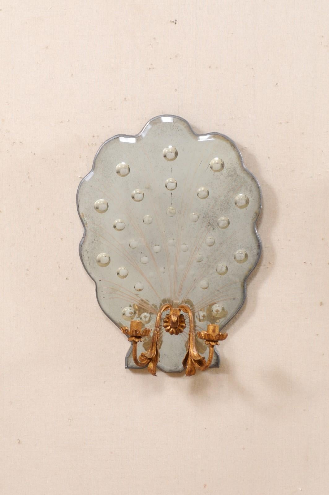 American Pair of Art Deco Style Candle Sconces with Shell-Shapes & Flirty Bubble Mirrors