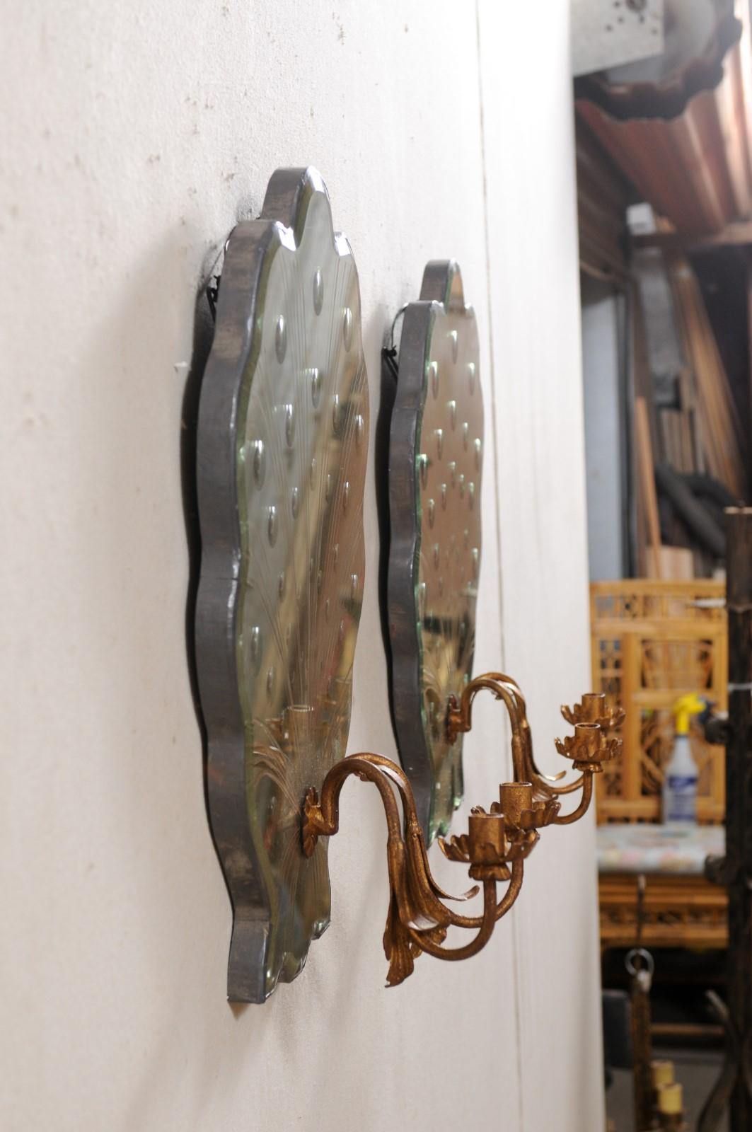 Contemporary Pair of Art Deco Style Candle Sconces with Shell-Shapes & Flirty Bubble Mirrors