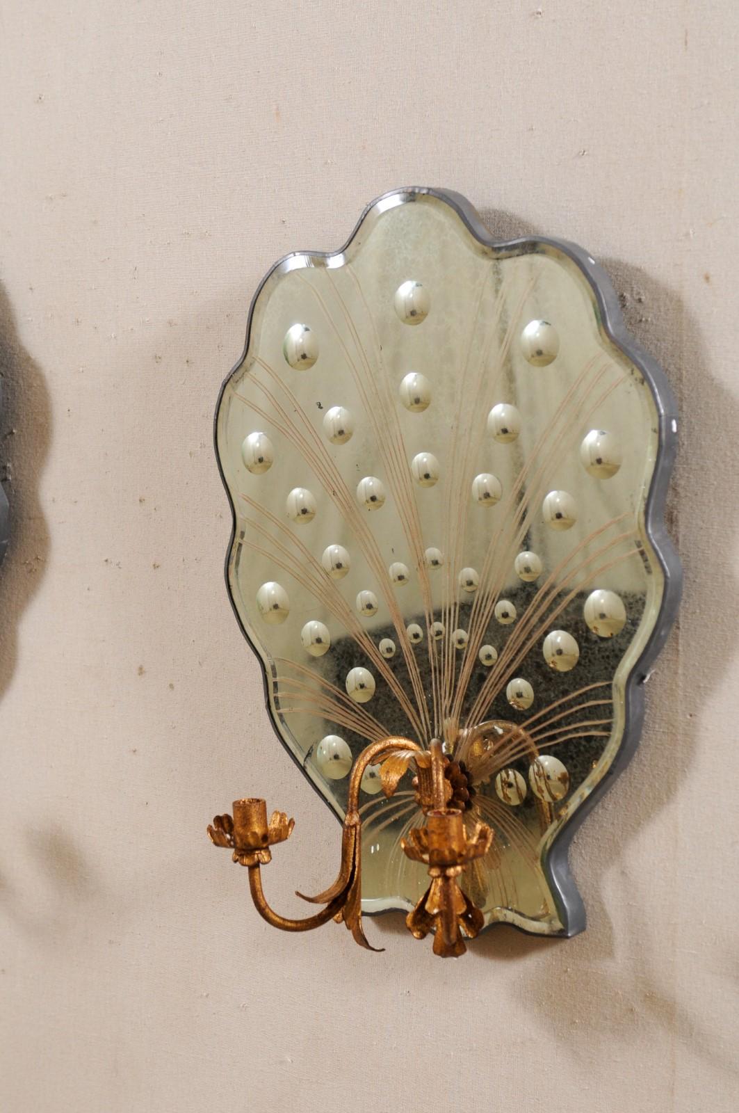 Pair of Art Deco Style Candle Sconces with Shell-Shapes & Flirty Bubble Mirrors 2