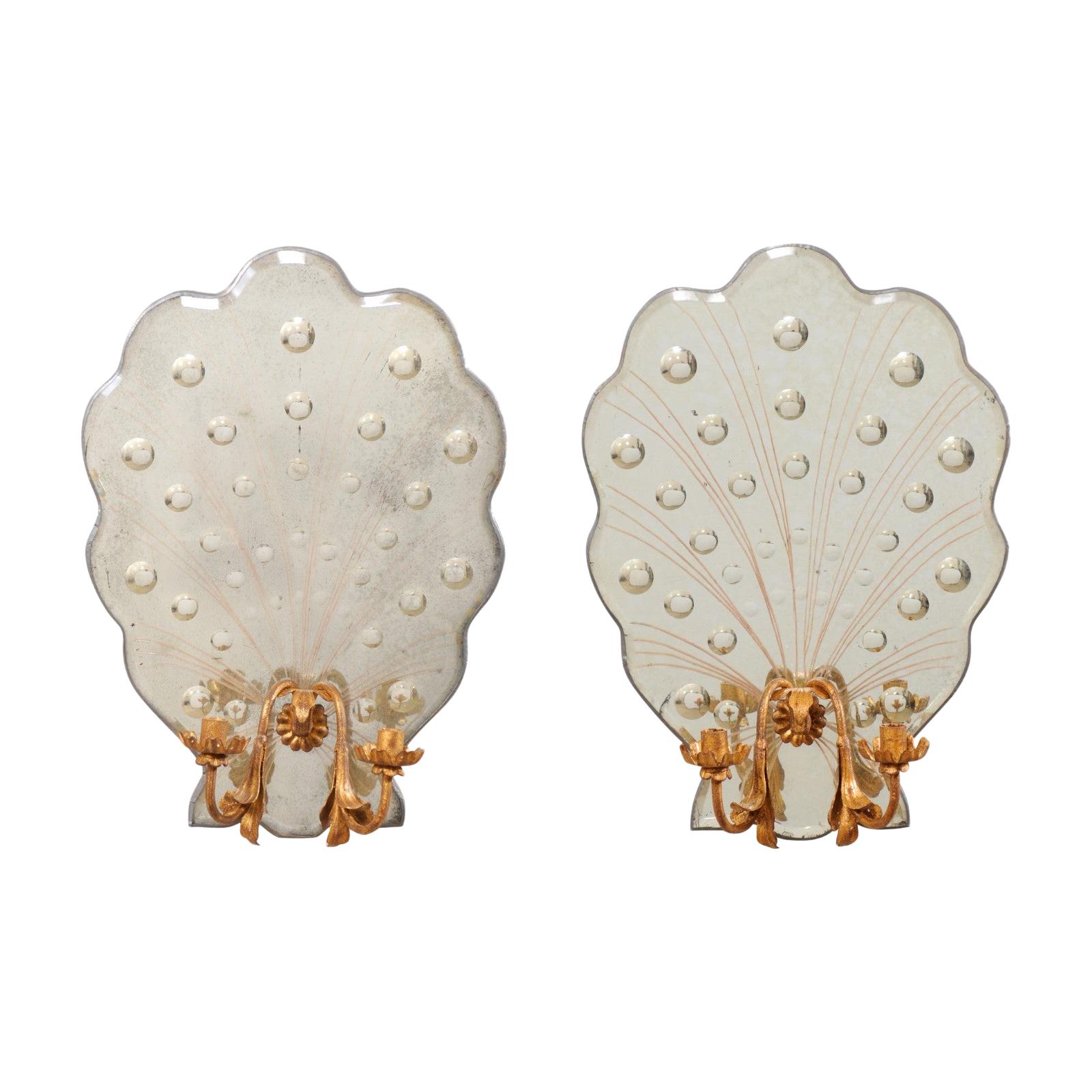 Pair of Art Deco Style Candle Sconces with Shell-Shapes & Flirty Bubble Mirrors