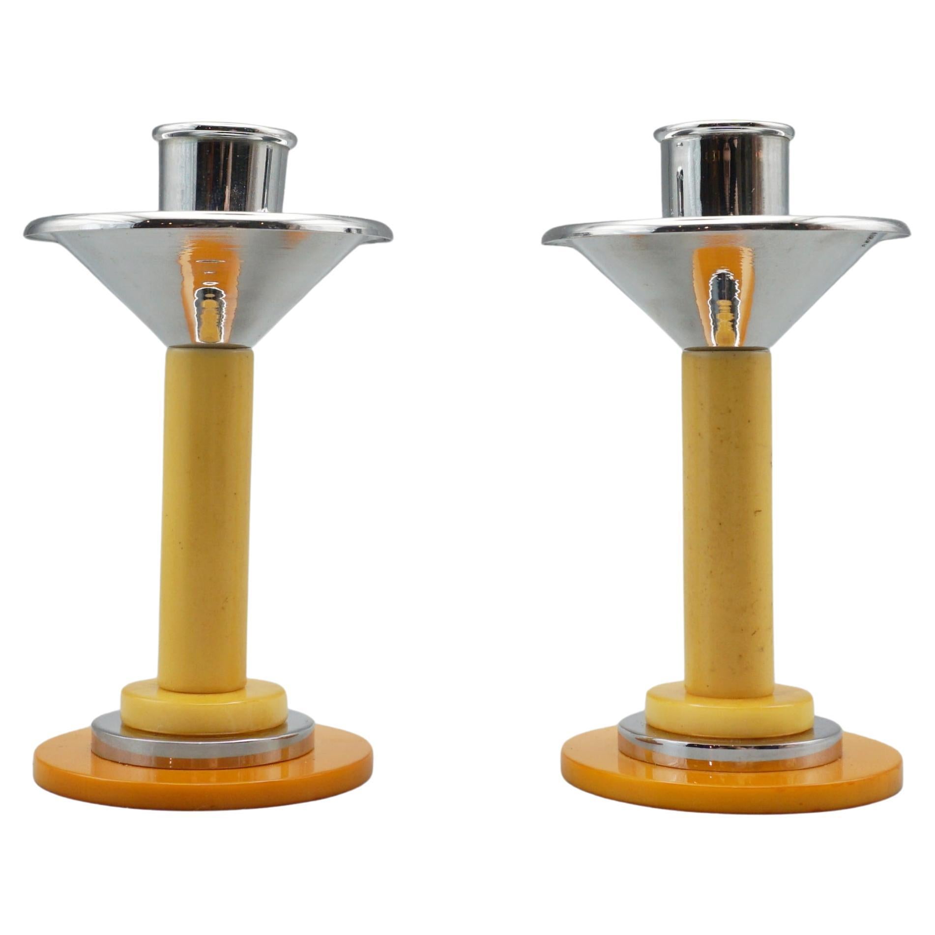 Pair of Art Deco Style Candlesticks Chromed Metal and Bakelite en venta