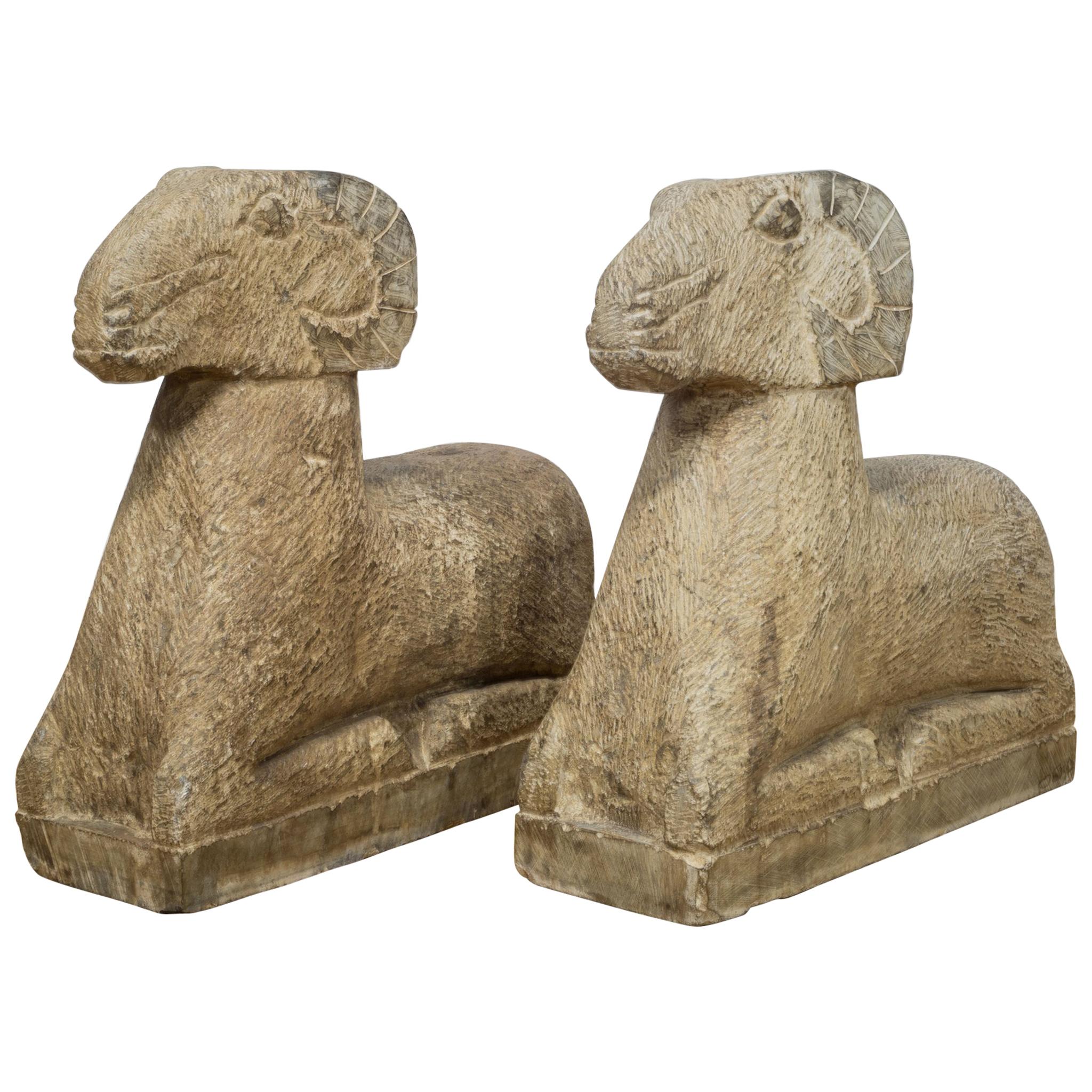 Pair of Art Deco Style Carved Sandstone Reclining Rams, 20th Century