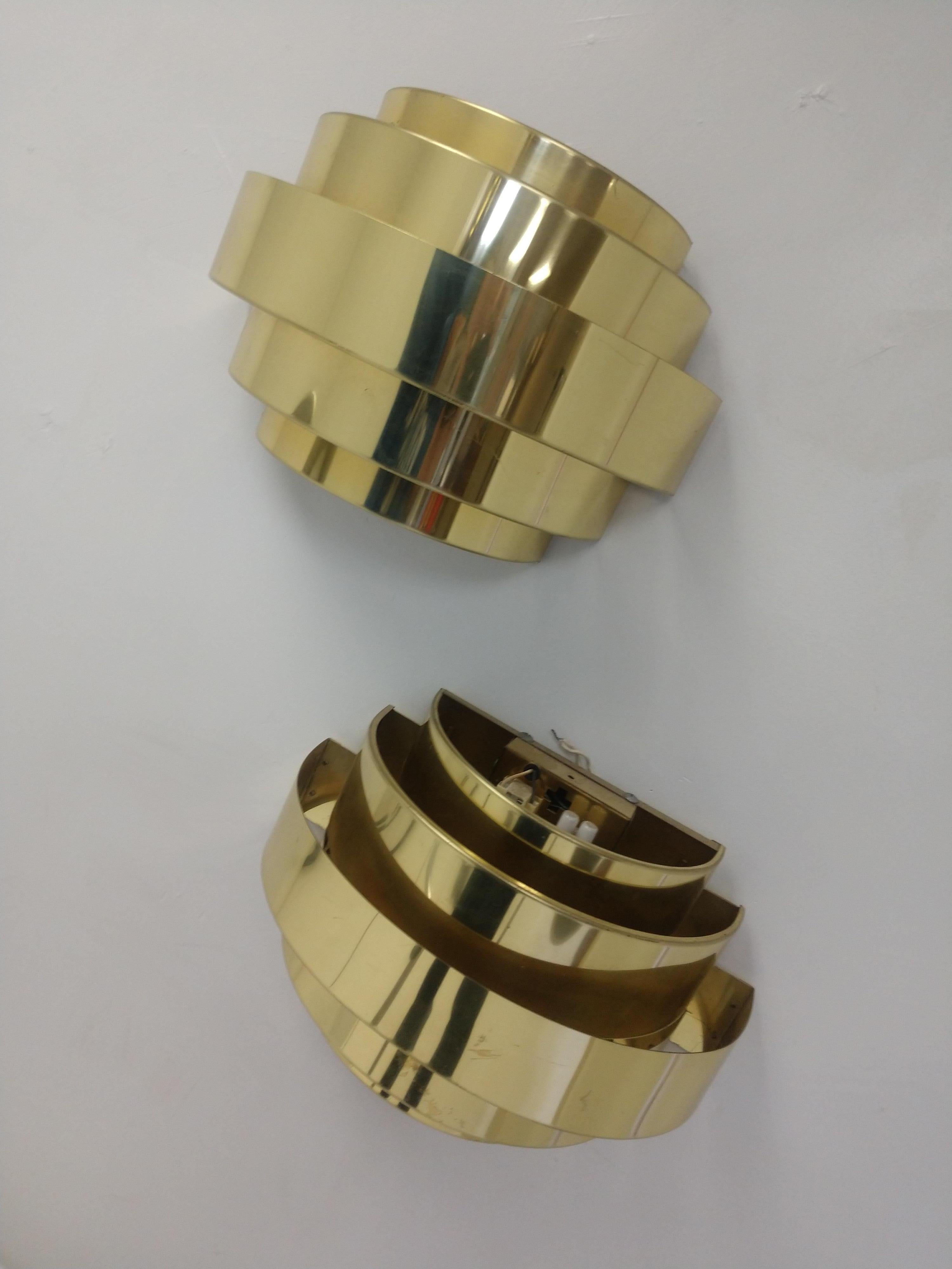 Late 20th Century Pair of Art Deco Style Cascading Brass Tiered Sconces Two Pair Available