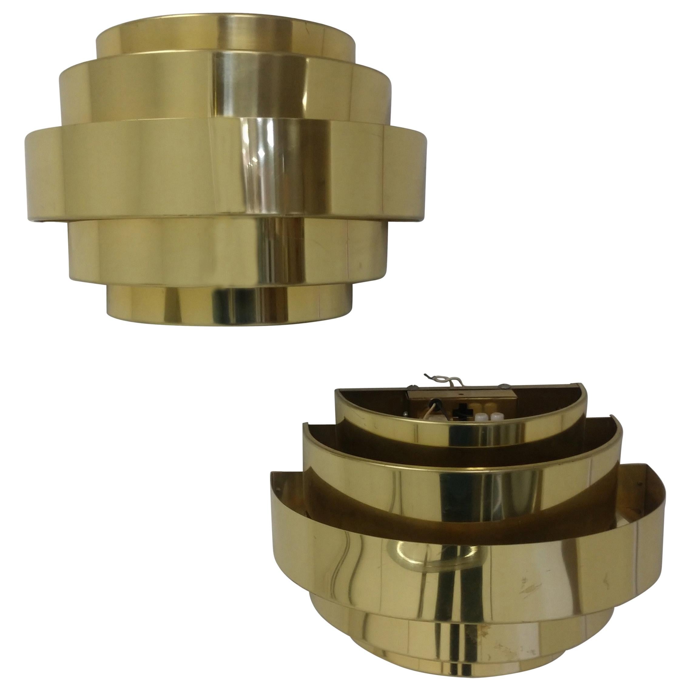 Pair of Art Deco Style Cascading Brass Tiered Sconces Two Pair Available