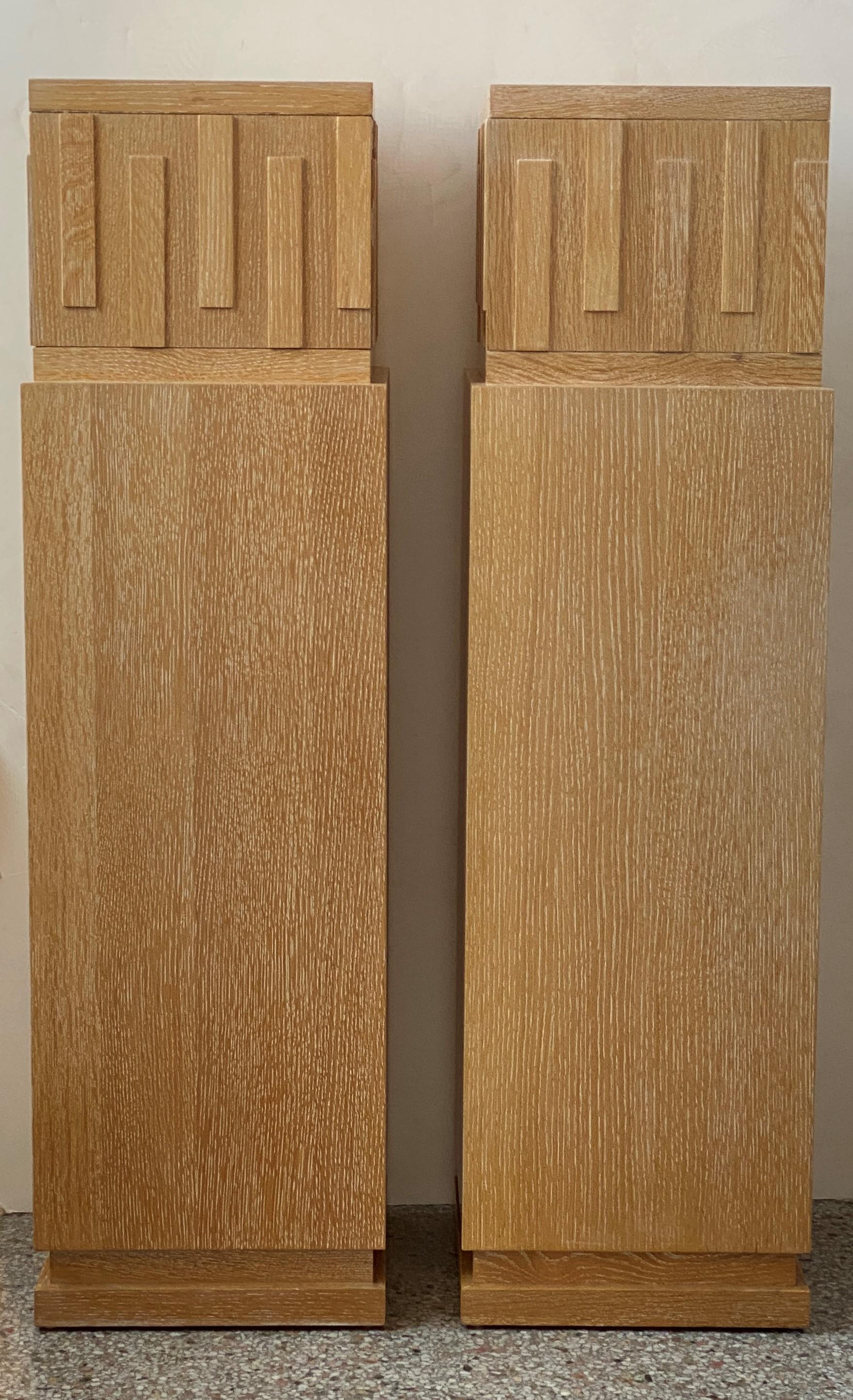 This stylish set of Art Deco Modern style pedestals are fabricated in cerused oak and they will make a definite understated statement for your sculptures.

Note: Top dimensions are 12.50