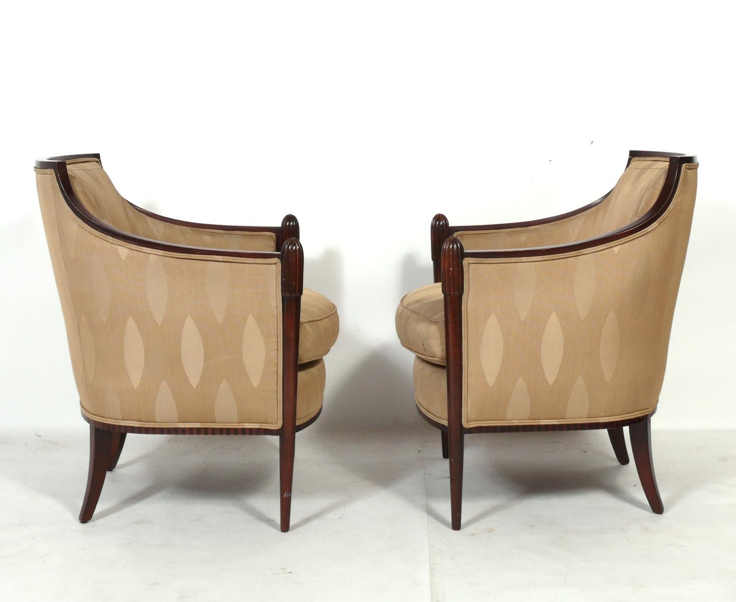 Pair of Elegant Art Deco Style Lounge Chairs, designed by Barbara Barry for Baker, American, circa 1990s. These chairs are currently being refinished and reupholstered and can be completed in your choice of wood finish color and reupholstered in