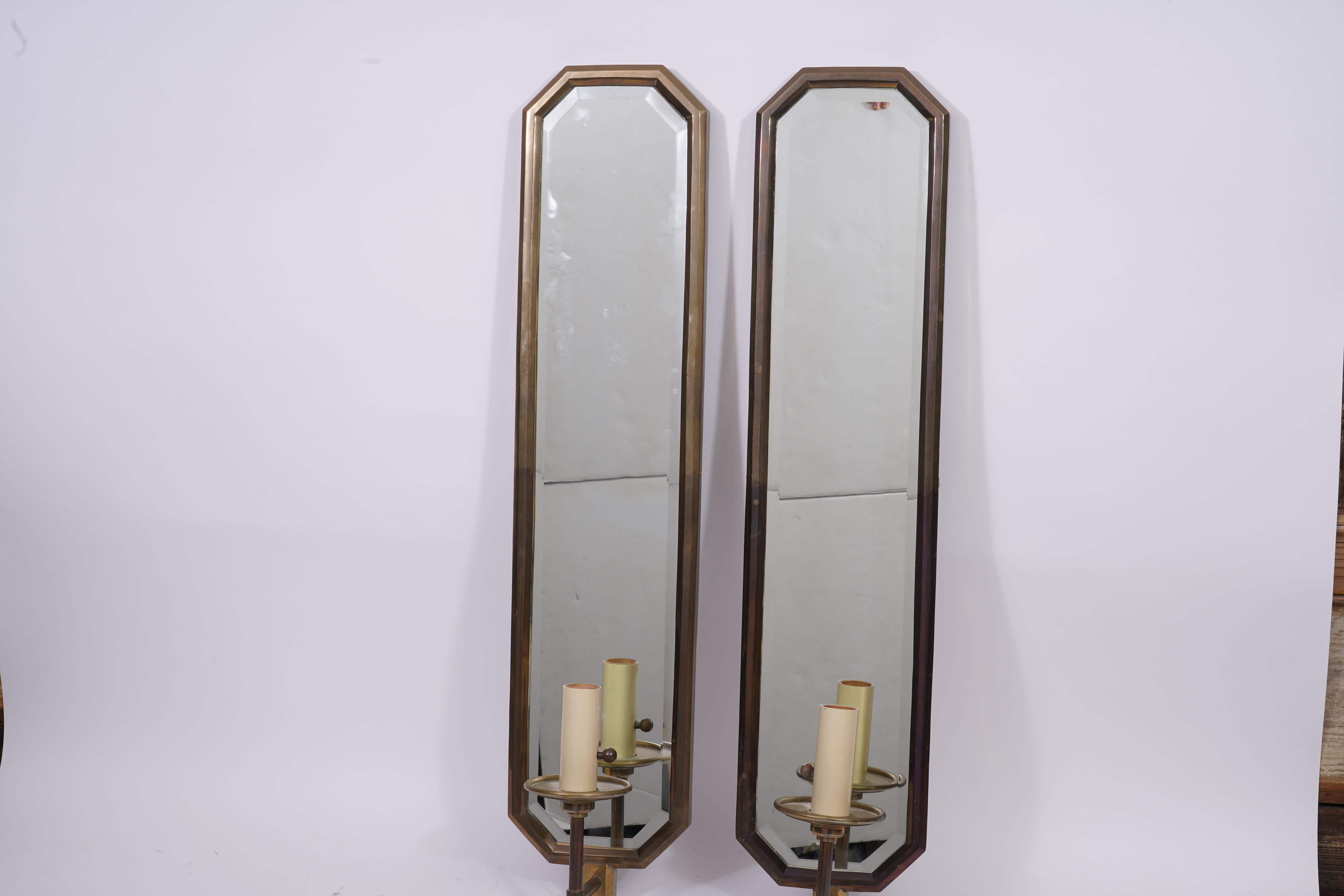 Pair of Art Deco Style Chapman Mirror Panel Brass Electric Wall Sconces, 1970s 1