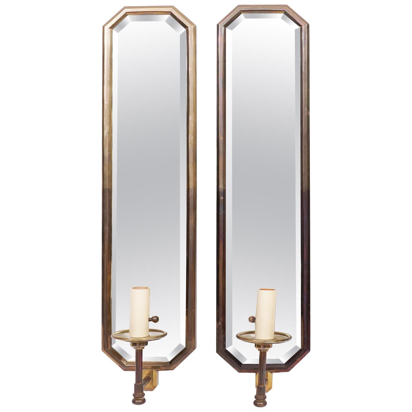 Pair of Art Deco Style Chapman Mirror Panel Brass Electric Wall Sconces, 1970s