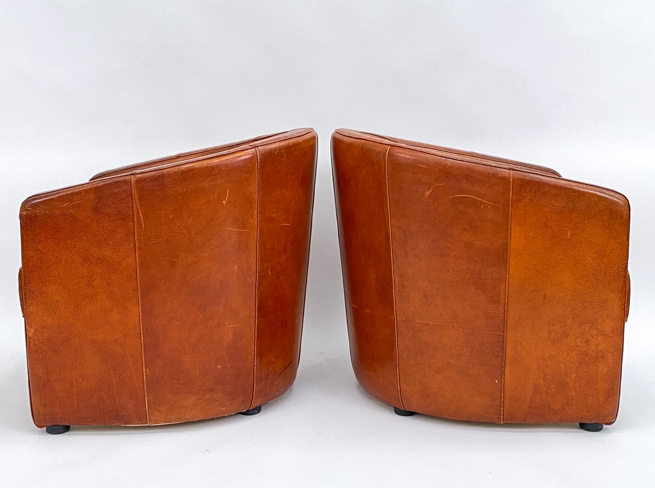 Pair of Art Deco-Style Club Chairs in Patinated Leather, Attributed to Anton Dam For Sale 7