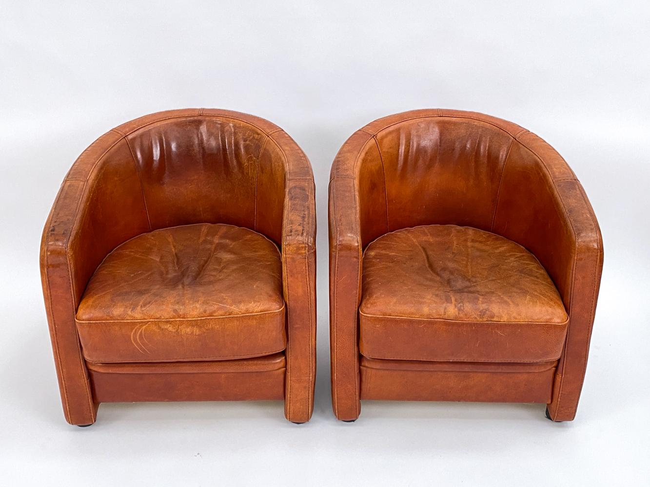 Mid-Century Modern Pair of Art Deco-Style Club Chairs in Patinated Leather, Attributed to Anton Dam For Sale