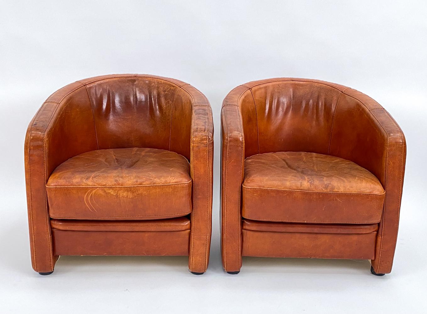 Pair of Art Deco-Style Club Chairs in Patinated Leather, Attributed to Anton Dam In Fair Condition For Sale In Norwalk, CT