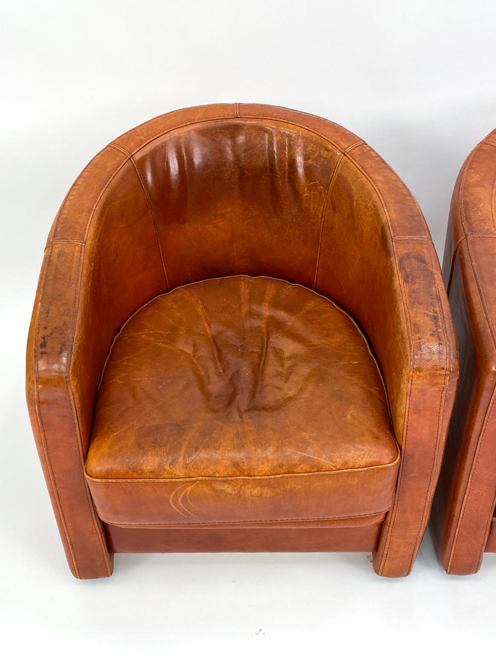 20th Century Pair of Art Deco-Style Club Chairs in Patinated Leather, Attributed to Anton Dam For Sale