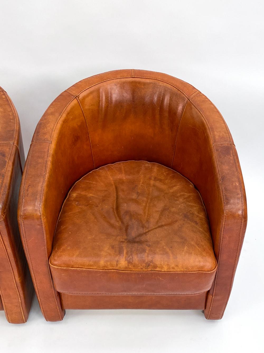 Pair of Art Deco-Style Club Chairs in Patinated Leather, Attributed to Anton Dam For Sale 1