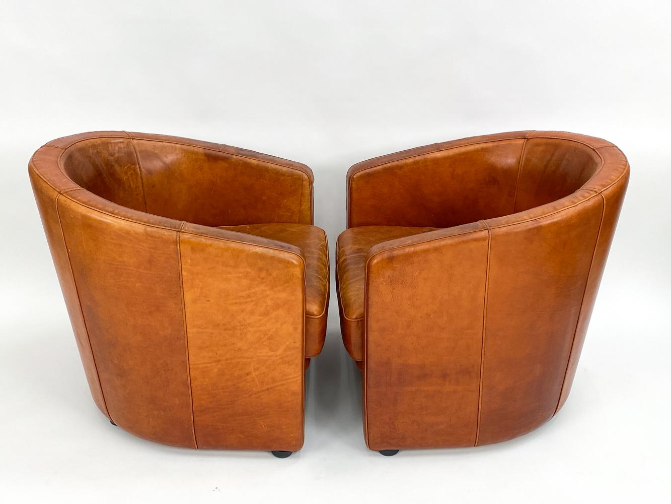 Pair of Art Deco-Style Club Chairs in Patinated Leather, Attributed to Anton Dam For Sale 2