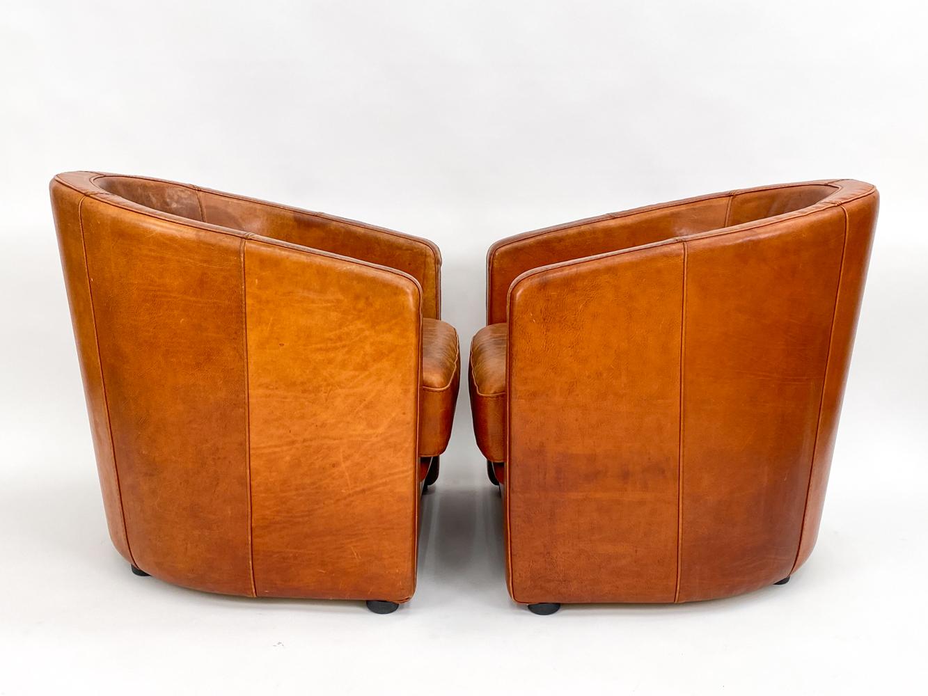 Pair of Art Deco-Style Club Chairs in Patinated Leather, Attributed to Anton Dam For Sale 3
