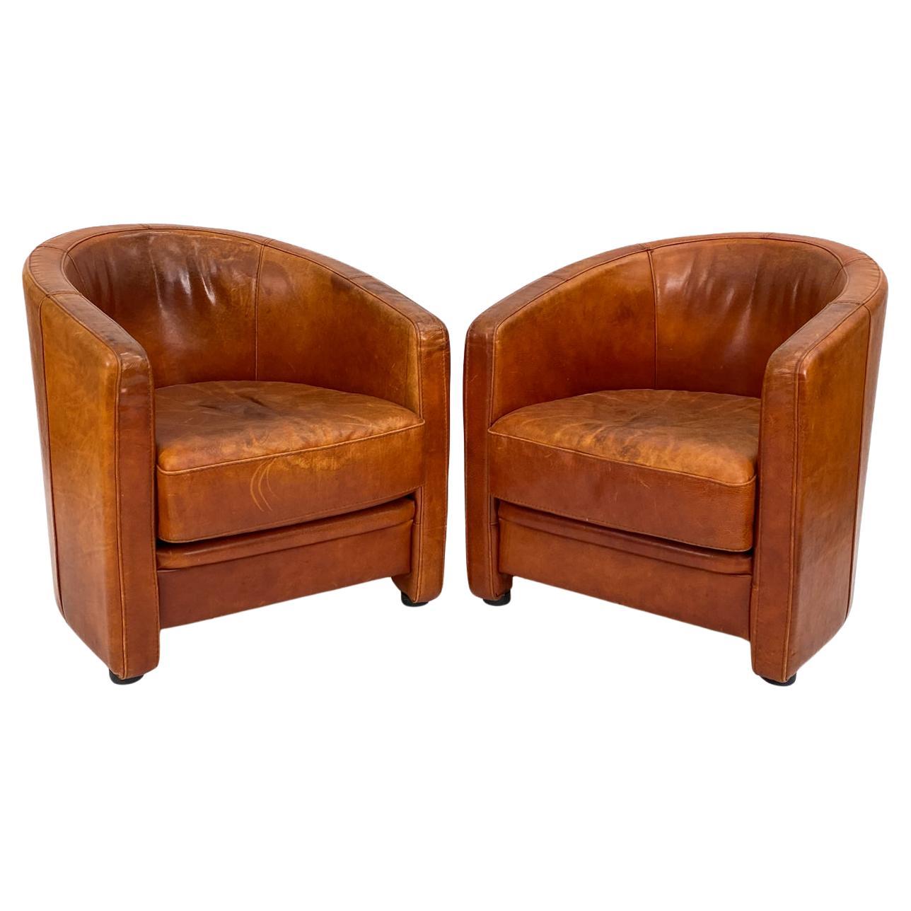 Pair of Art Deco-Style Club Chairs in Patinated Leather, Attributed to Anton Dam