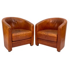 Retro Pair of Art Deco-Style Club Chairs in Patinated Leather, Attributed to Anton Dam