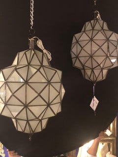Pair of Art Deco Style Dome Form Milk Glass  White Chandeliers or Lanterns