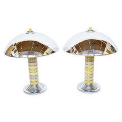Pair of Art Deco Style Dome Lamps with Yellow Bakelite Stem and Chrome Shade