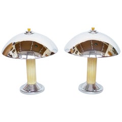Pair of Art Deco Style Dome Lamps, Yellow Bakelite and Chromed Metal