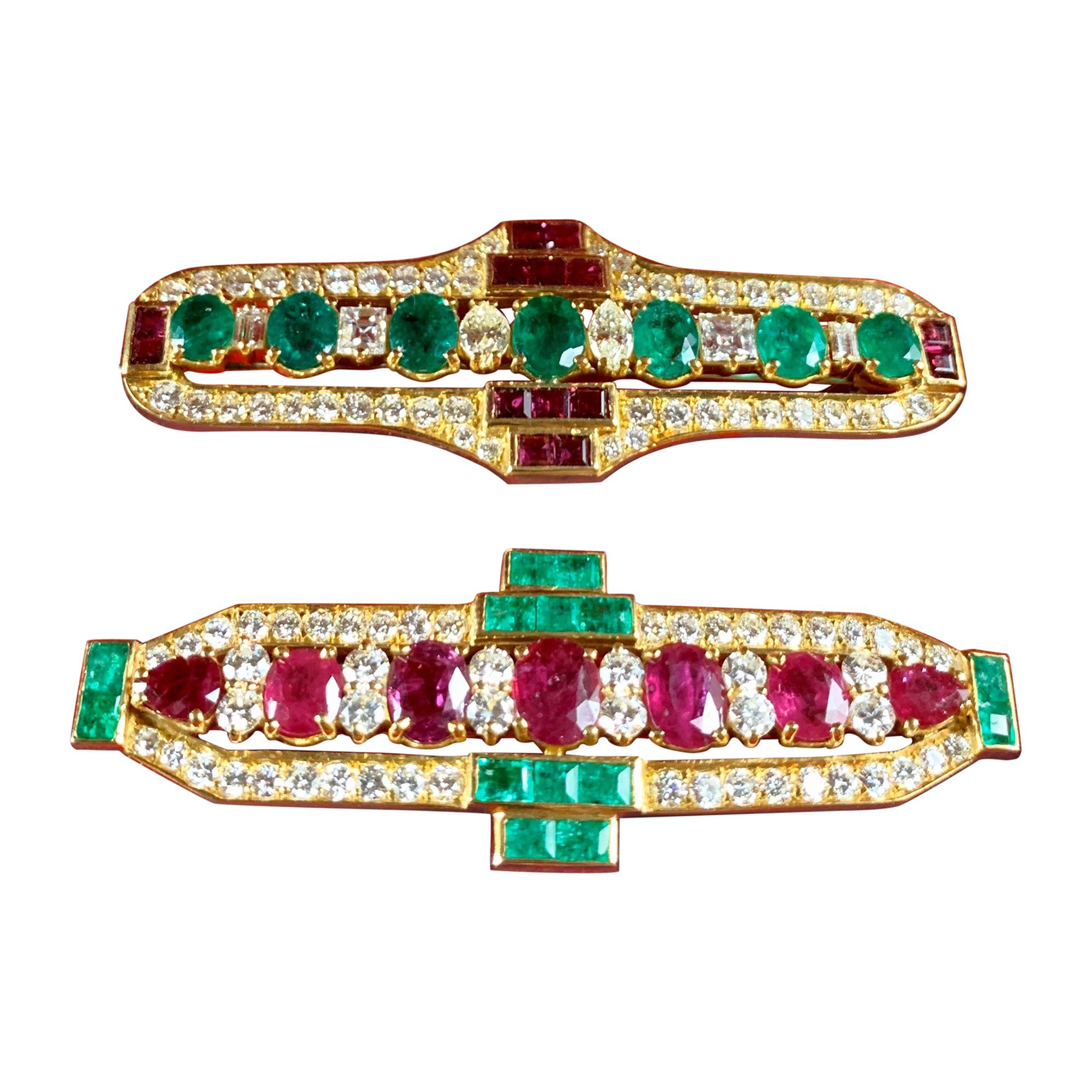 Pair of Art Deco Style Emerald, Diamond and Ruby Brooches For Sale