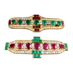 Pair of Art Deco Style Emerald, Diamond and Ruby Brooches